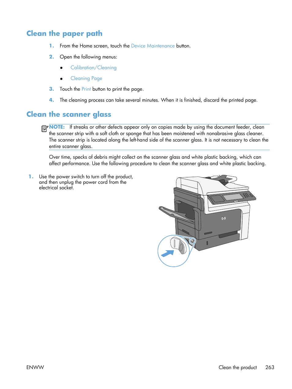 Clean the paper path, Clean the scanner glass, Clean the paper path clean the scanner glass | HP LaserJet Enterprise M4555 MFP series User Manual | Page 283 / 376