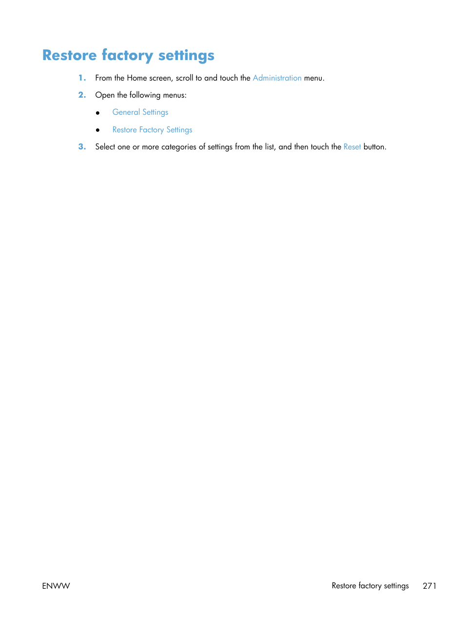 Restore factory settings | HP LaserJet Enterprise M4555 MFP series User Manual | Page 291 / 376