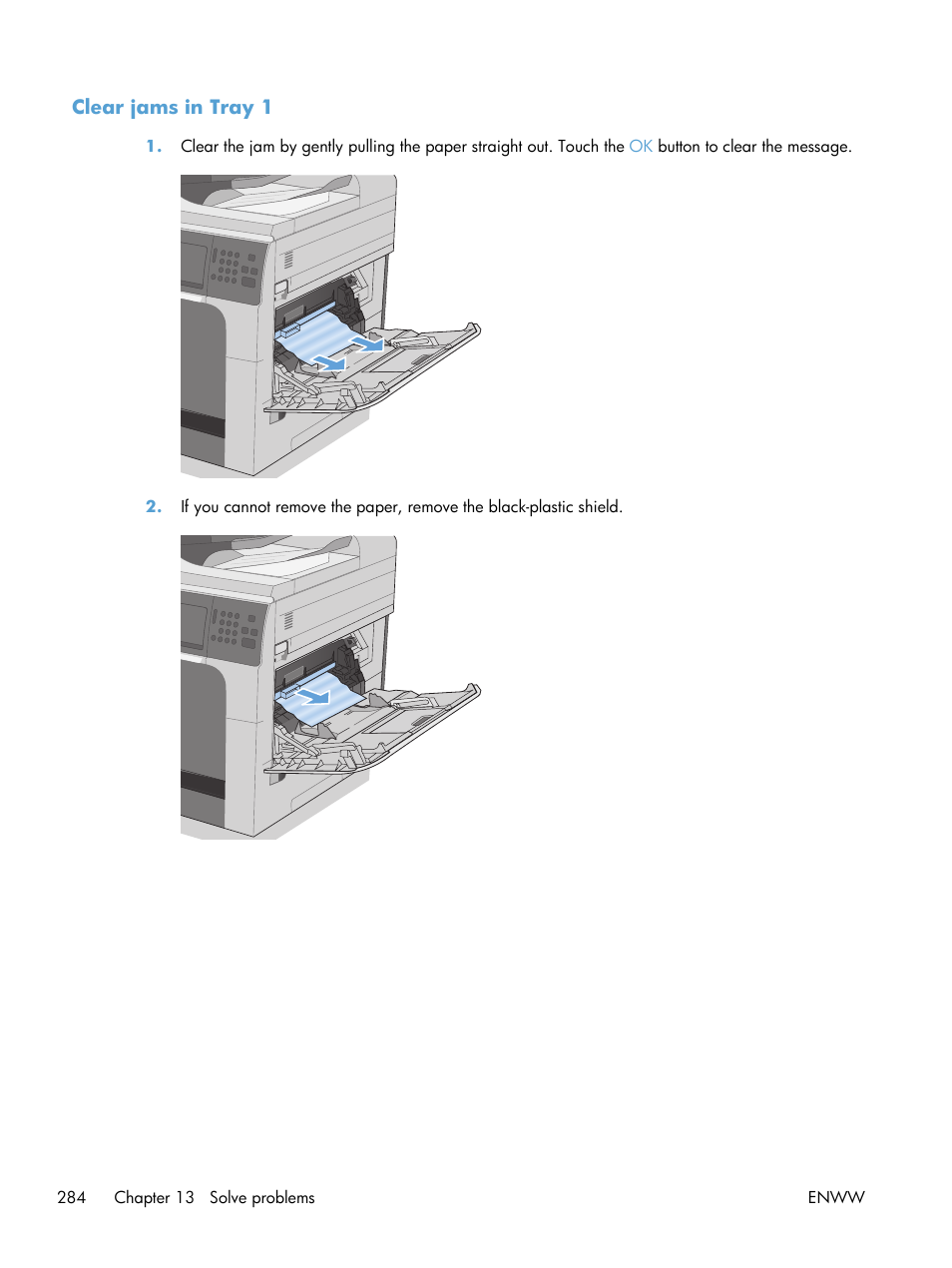 Clear jams in tray 1 | HP LaserJet Enterprise M4555 MFP series User Manual | Page 304 / 376