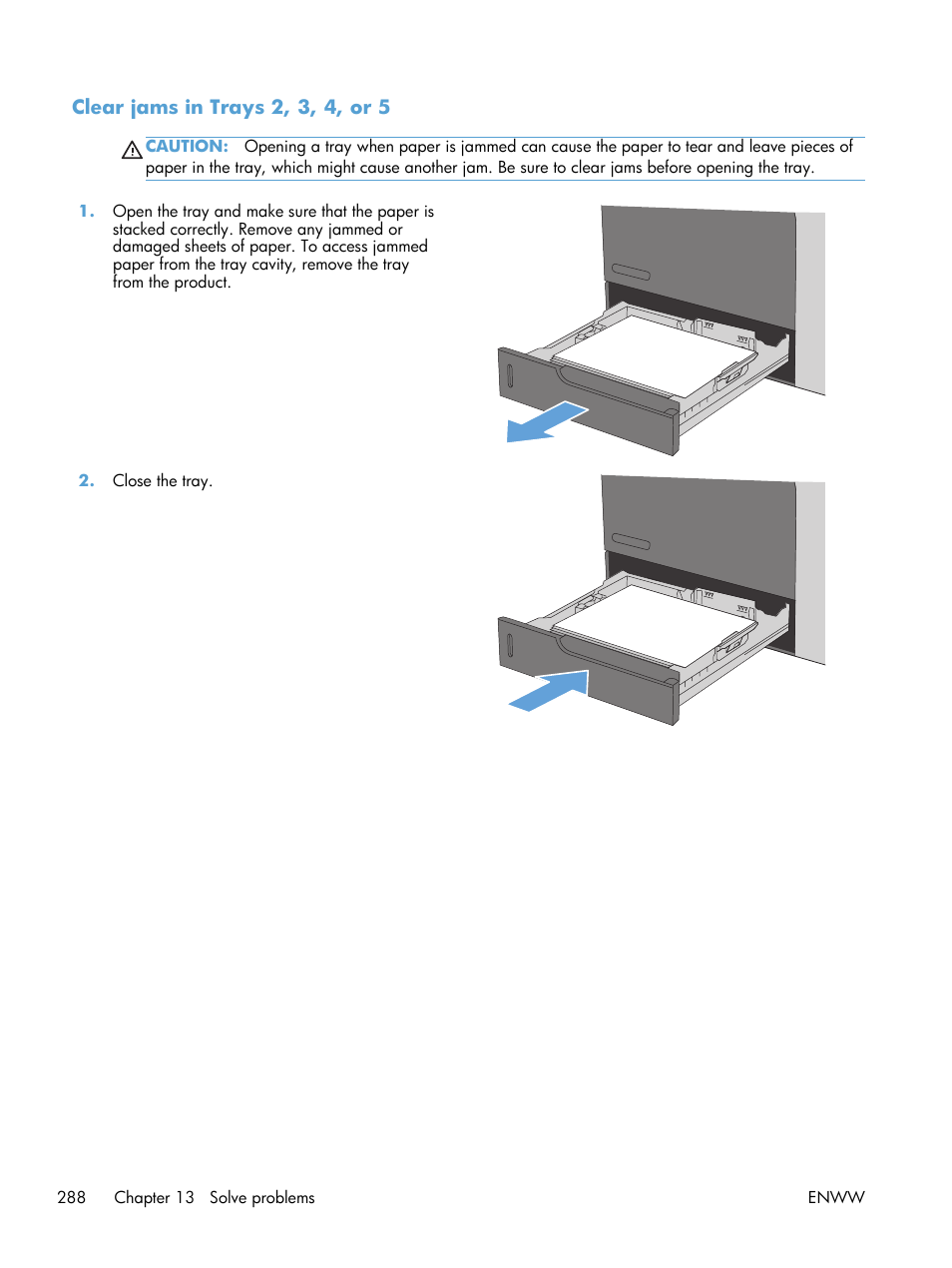 Clear jams in trays 2, 3, 4, or 5 | HP LaserJet Enterprise M4555 MFP series User Manual | Page 308 / 376