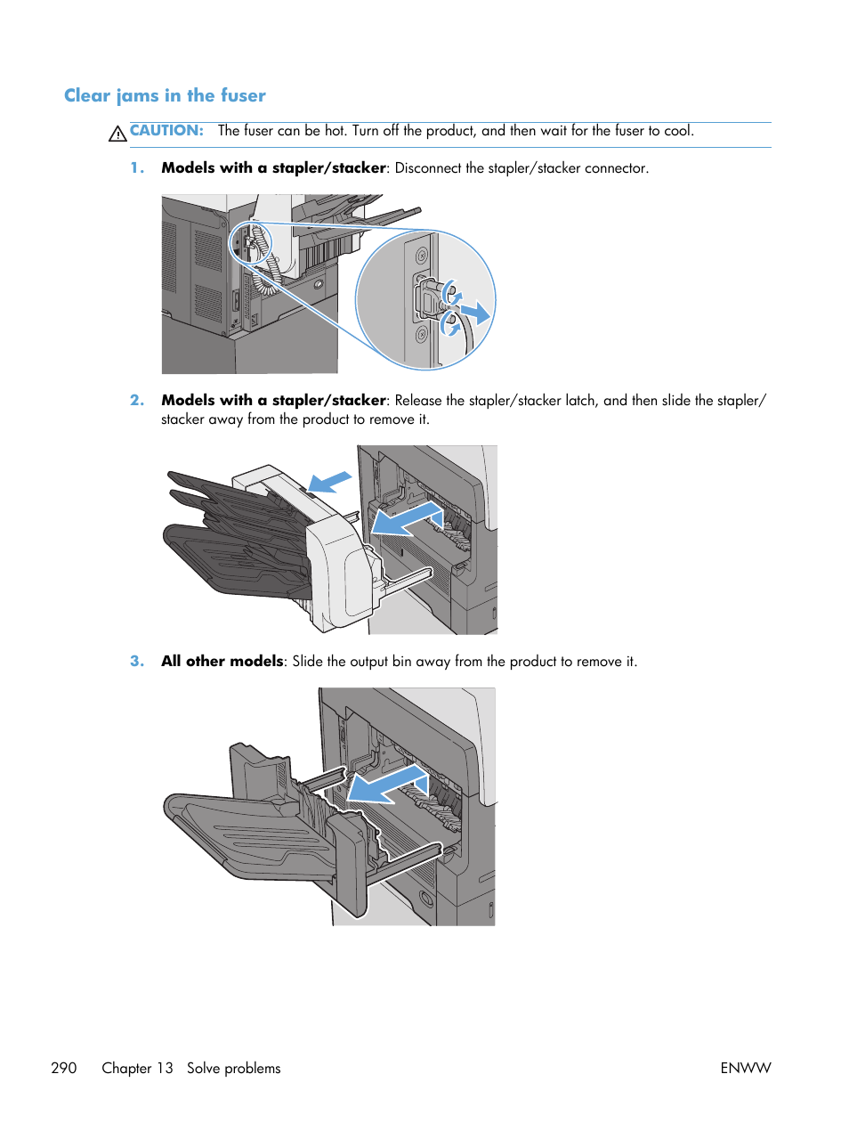Clear jams in the fuser | HP LaserJet Enterprise M4555 MFP series User Manual | Page 310 / 376