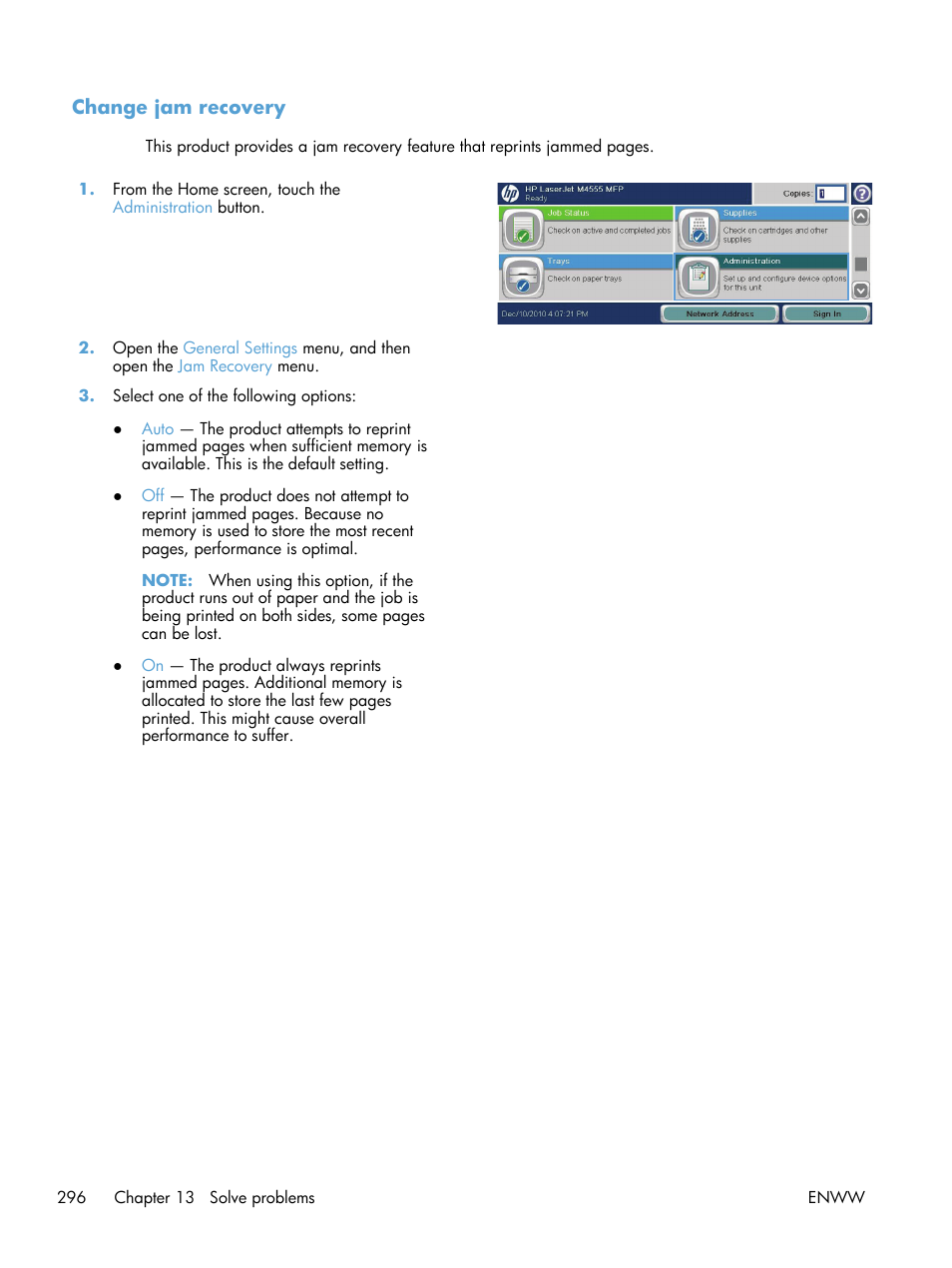 Change jam recovery | HP LaserJet Enterprise M4555 MFP series User Manual | Page 316 / 376