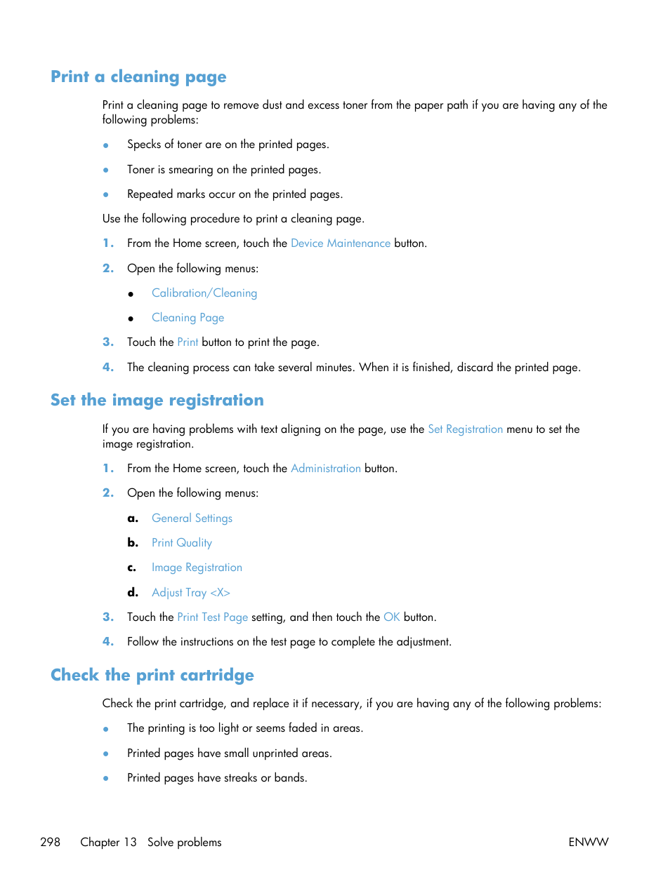 Set the image registration, Check the print cartridge, Print a cleaning page | HP LaserJet Enterprise M4555 MFP series User Manual | Page 318 / 376
