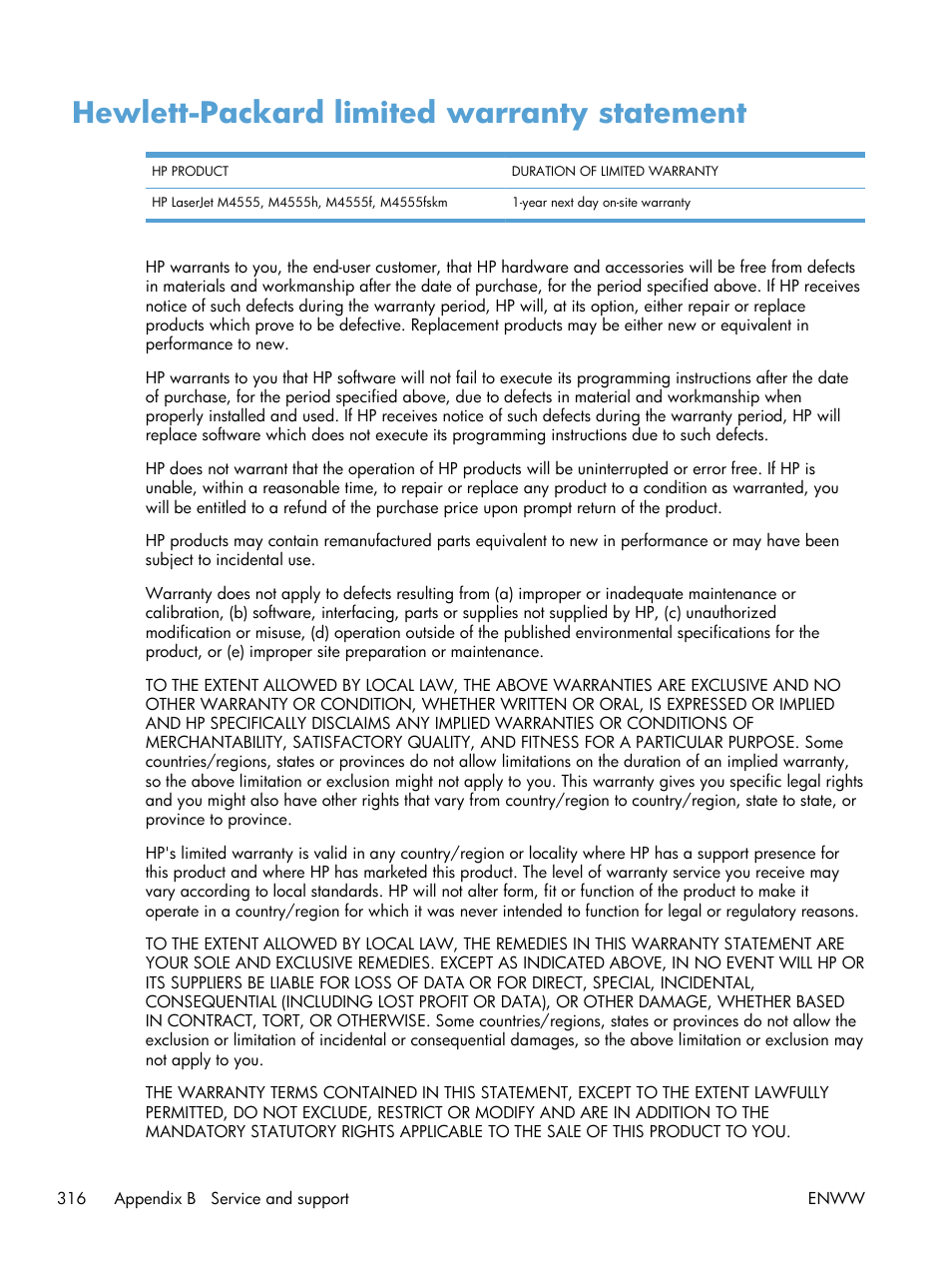 Hewlett-packard limited warranty statement | HP LaserJet Enterprise M4555 MFP series User Manual | Page 336 / 376