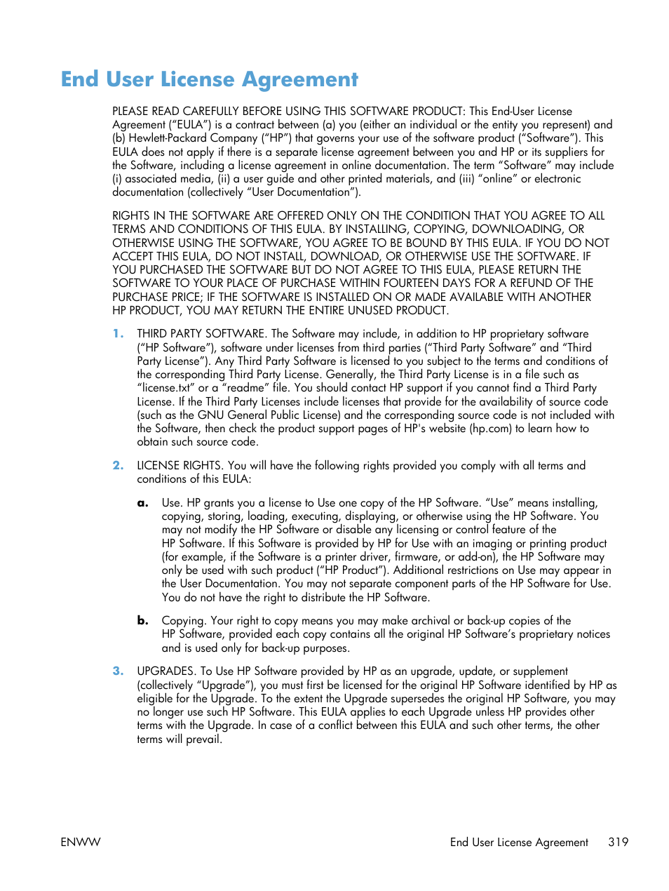 End user license agreement | HP LaserJet Enterprise M4555 MFP series User Manual | Page 339 / 376