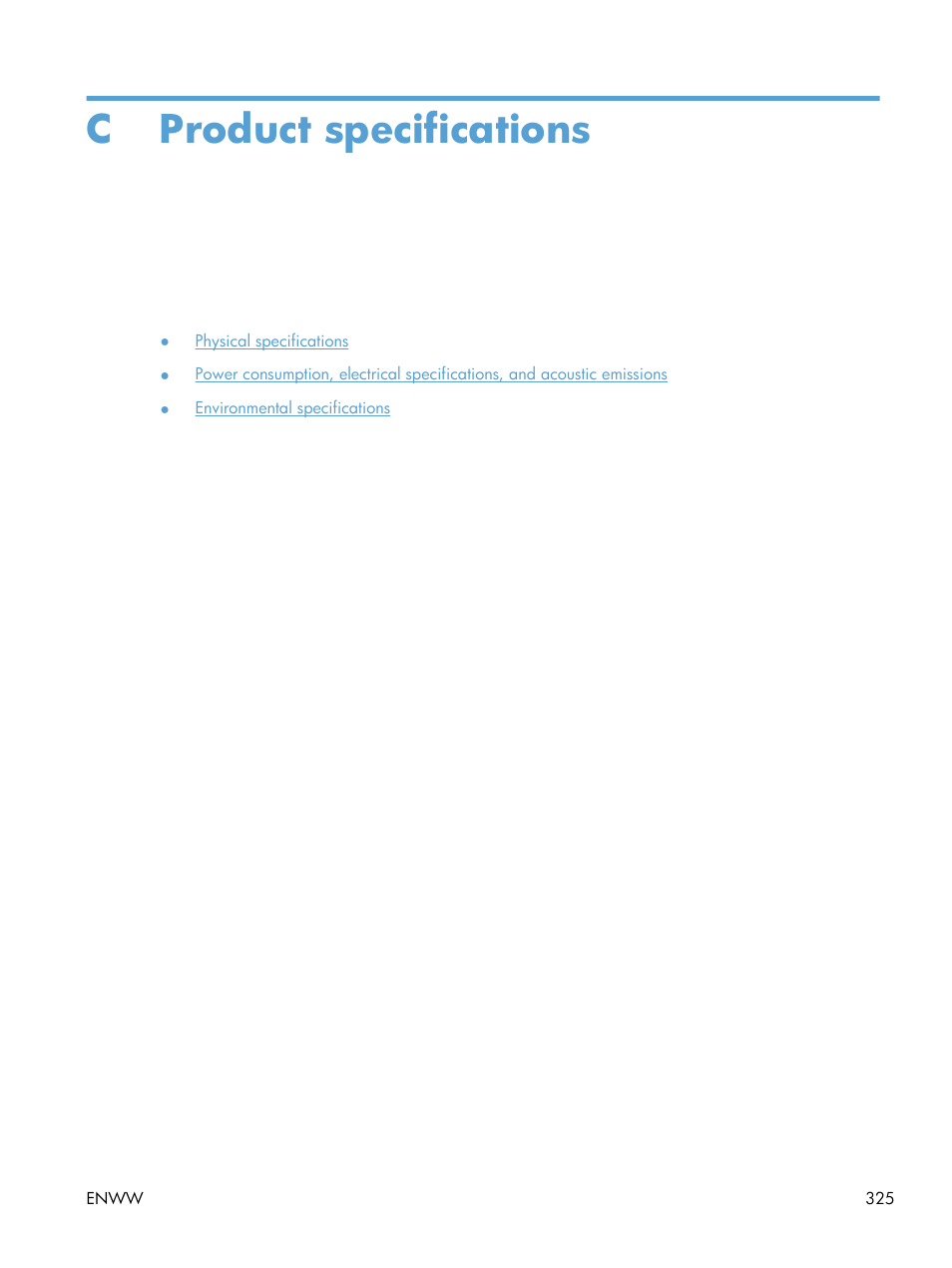 Product specifications, Appendix c product specifications, C product specifications | HP LaserJet Enterprise M4555 MFP series User Manual | Page 345 / 376