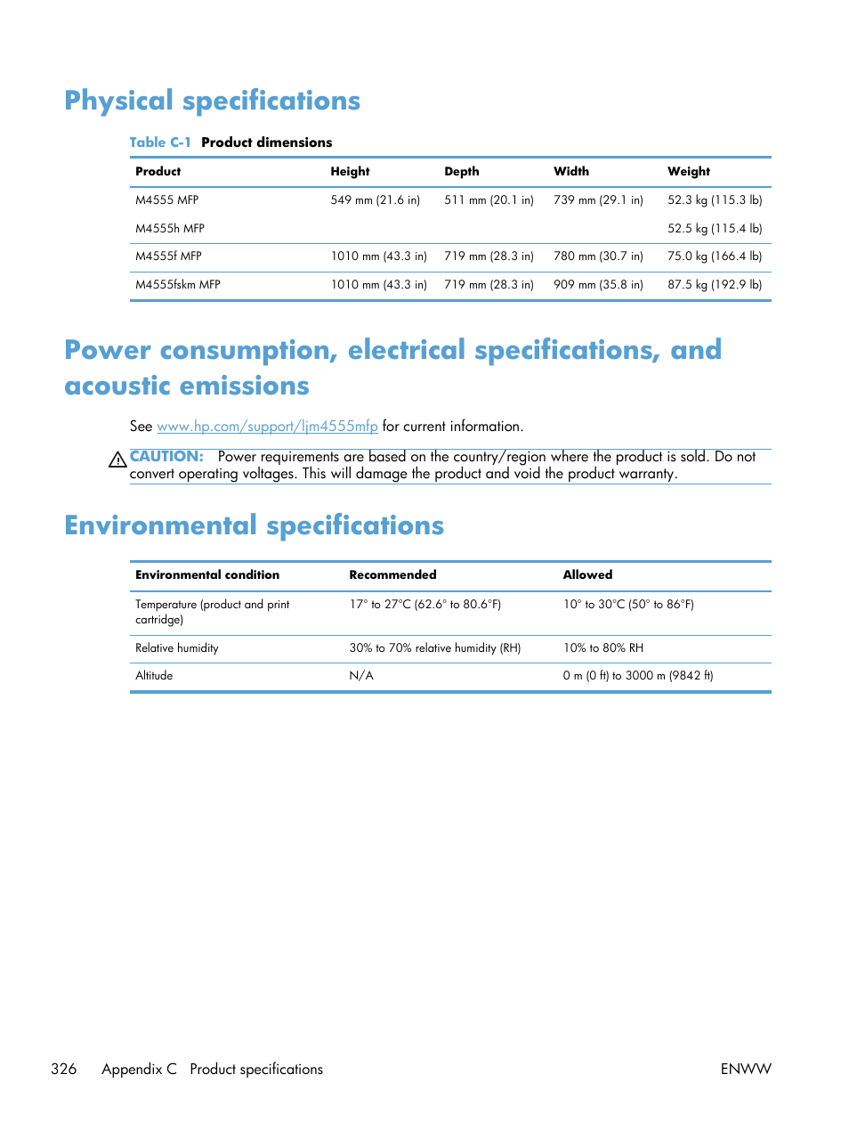 Physical specifications, Environmental specifications | HP LaserJet Enterprise M4555 MFP series User Manual | Page 346 / 376