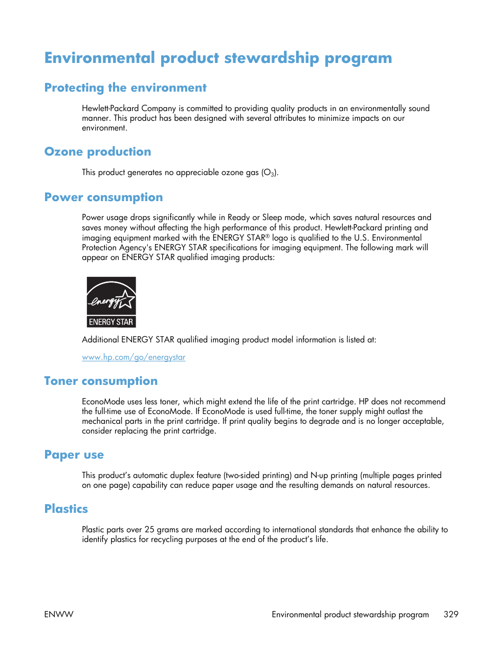 Environmental product stewardship program, Protecting the environment, Ozone production | Power consumption, Toner consumption, Paper use, Plastics | HP LaserJet Enterprise M4555 MFP series User Manual | Page 349 / 376