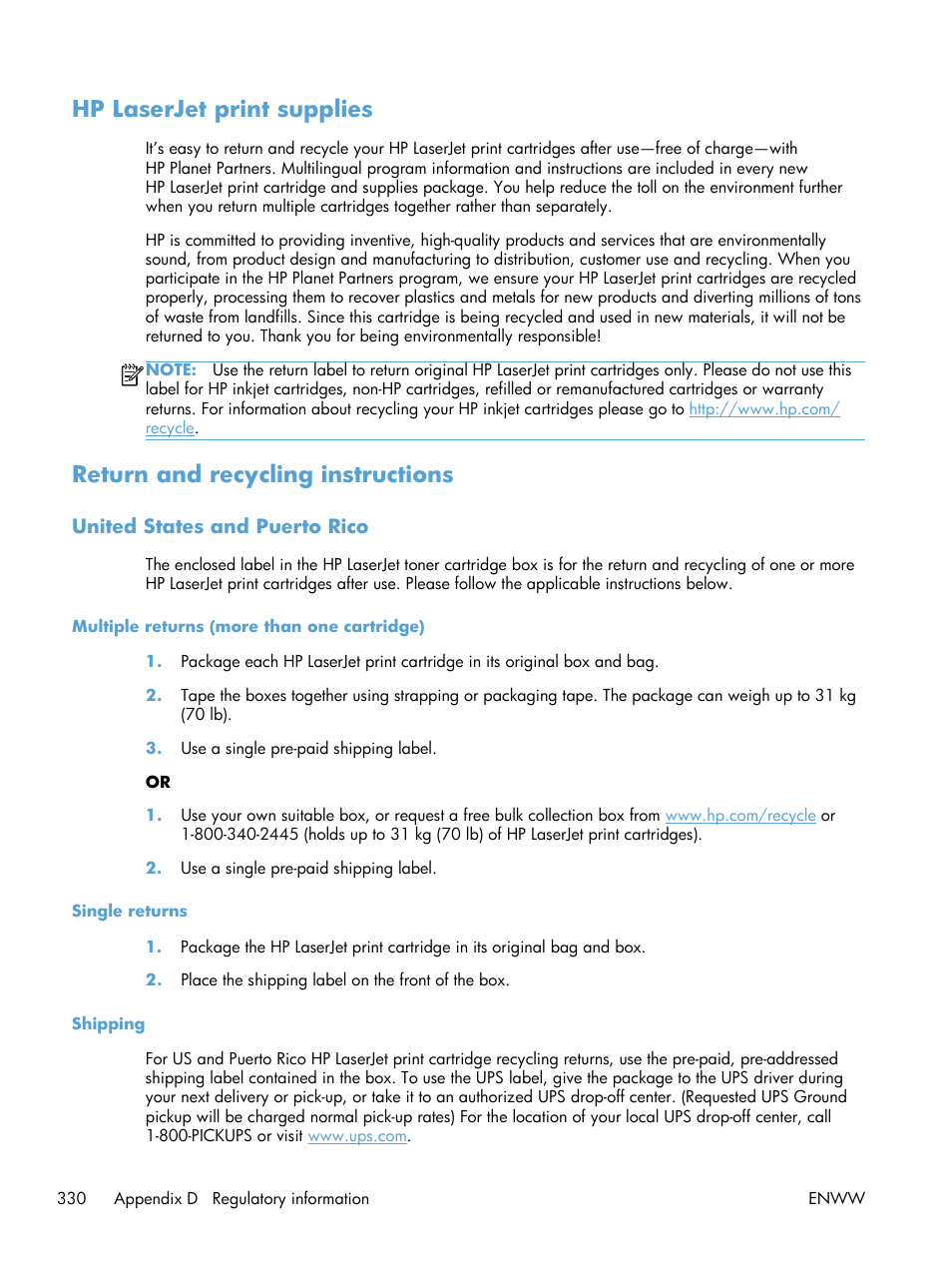 Hp laserjet print supplies, Return and recycling instructions, United states and puerto rico | Multiple returns (more than one cartridge), Single returns, Shipping | HP LaserJet Enterprise M4555 MFP series User Manual | Page 350 / 376