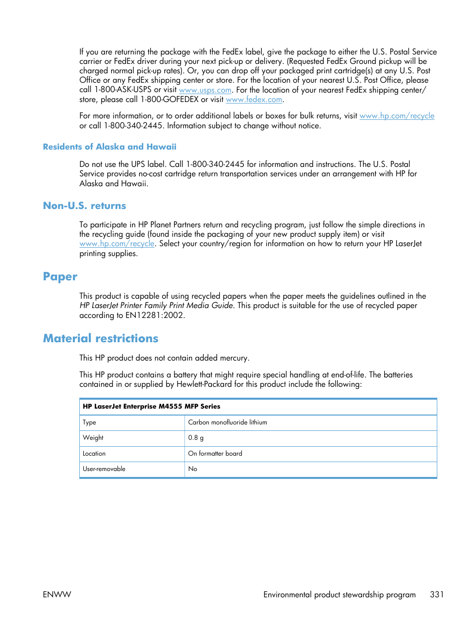Residents of alaska and hawaii, Non-u.s. returns, Paper | Material restrictions, Paper material restrictions | HP LaserJet Enterprise M4555 MFP series User Manual | Page 351 / 376
