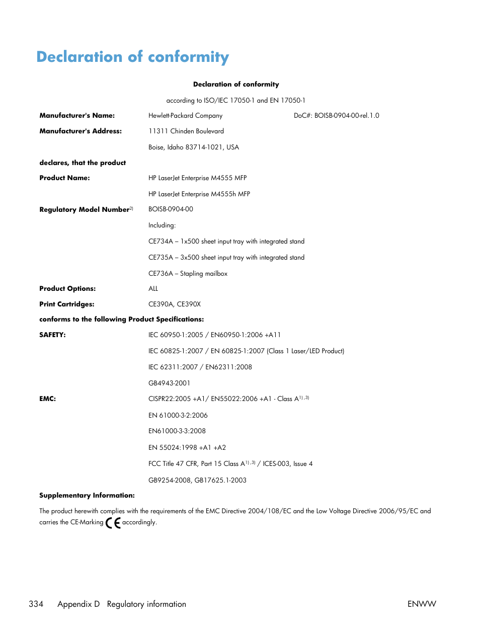 Declaration of conformity, 334 appendix d regulatory information enww | HP LaserJet Enterprise M4555 MFP series User Manual | Page 354 / 376