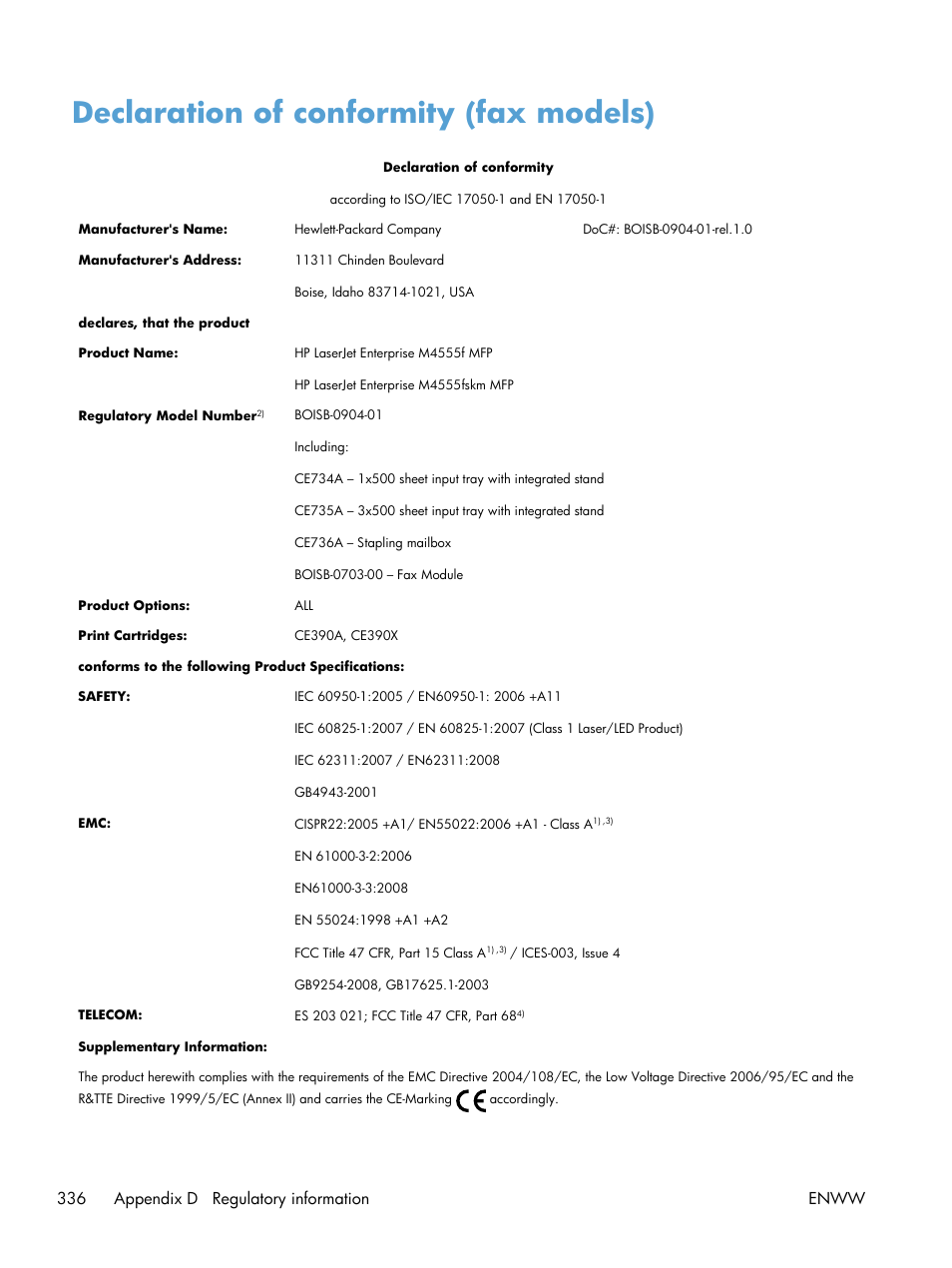 Declaration of conformity (fax models), 336 appendix d regulatory information enww | HP LaserJet Enterprise M4555 MFP series User Manual | Page 356 / 376