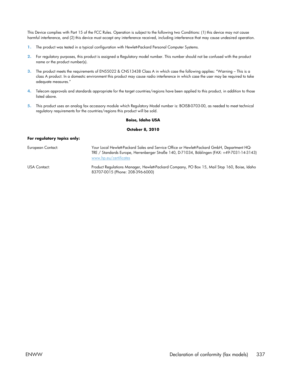Enww declaration of conformity (fax models) 337 | HP LaserJet Enterprise M4555 MFP series User Manual | Page 357 / 376