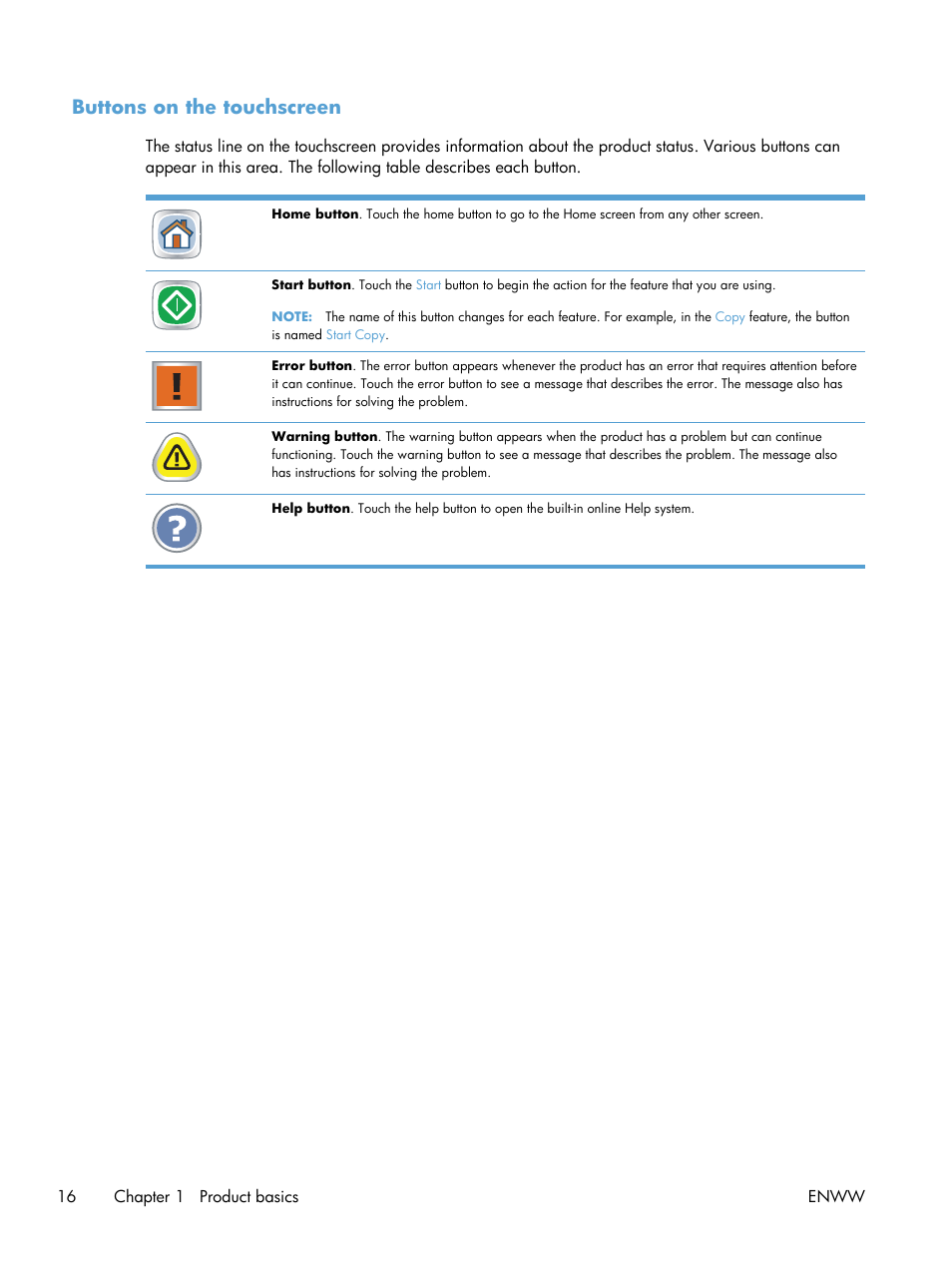 Buttons on the touchscreen | HP LaserJet Enterprise M4555 MFP series User Manual | Page 36 / 376