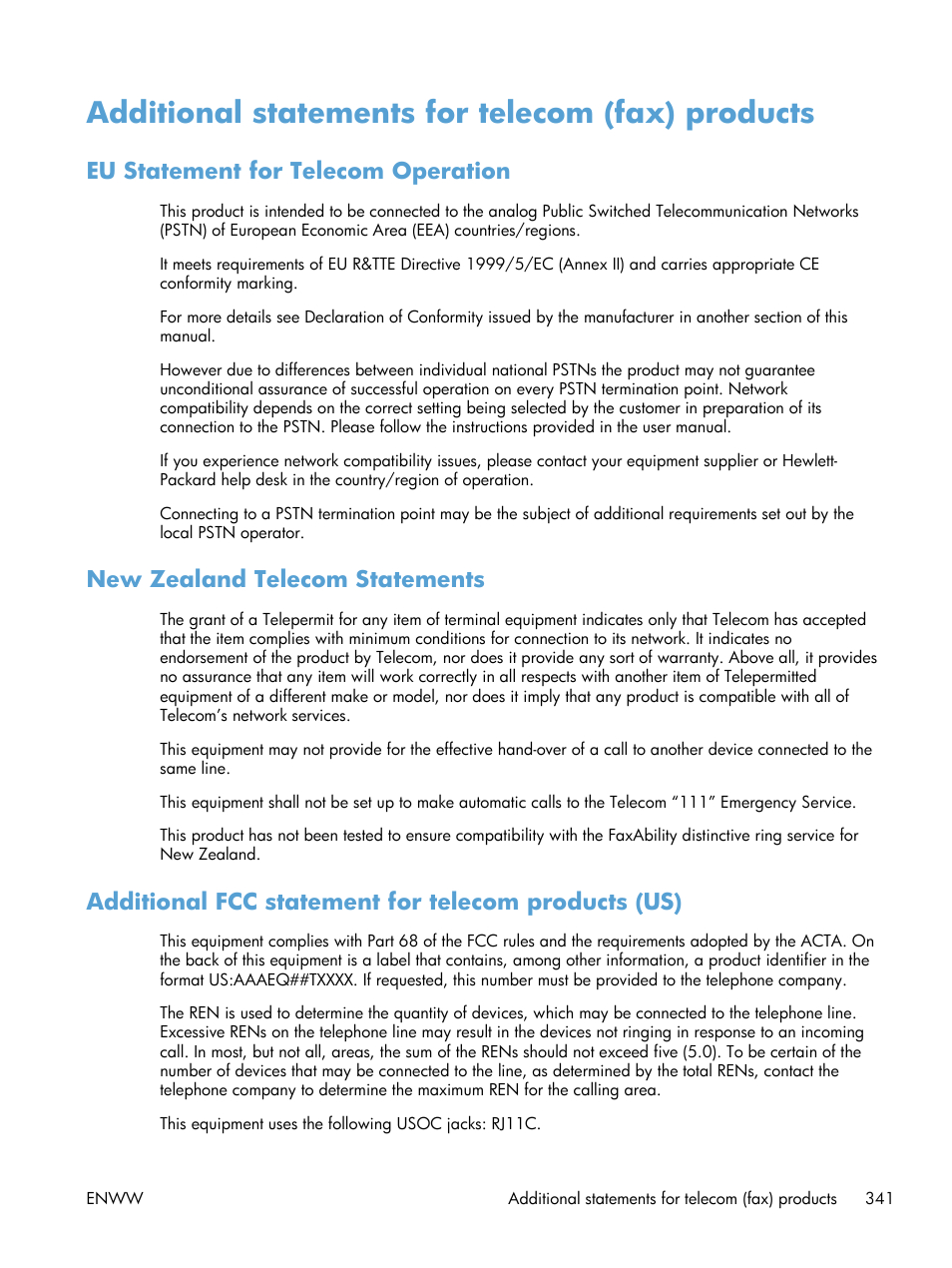 Additional statements for telecom (fax) products, Eu statement for telecom operation, New zealand telecom statements | Additional fcc statement for telecom products (us) | HP LaserJet Enterprise M4555 MFP series User Manual | Page 361 / 376