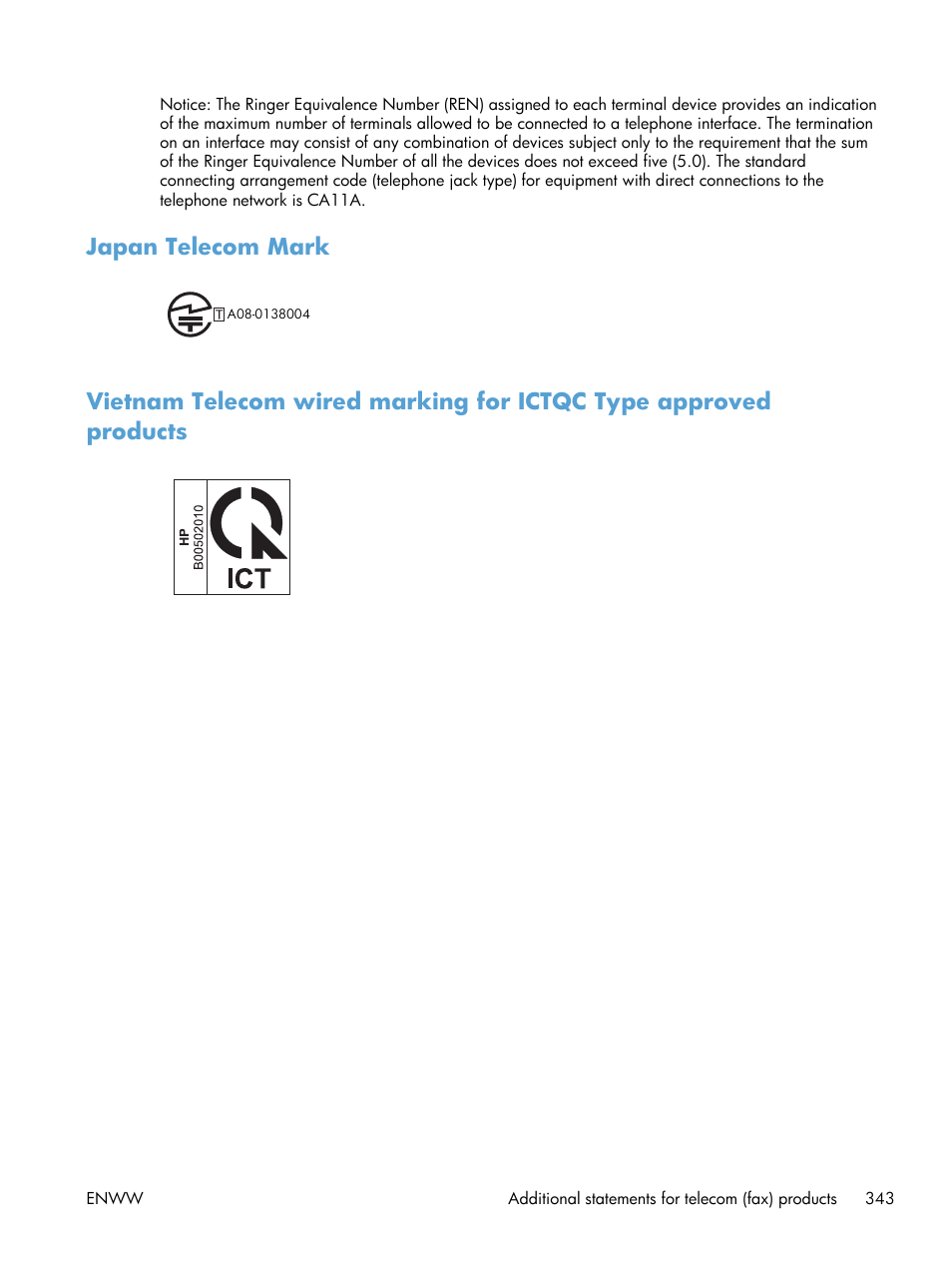 Japan telecom mark | HP LaserJet Enterprise M4555 MFP series User Manual | Page 363 / 376