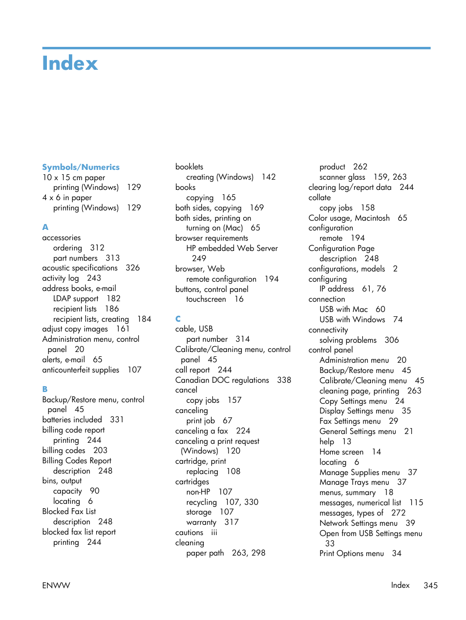 Index | HP LaserJet Enterprise M4555 MFP series User Manual | Page 365 / 376