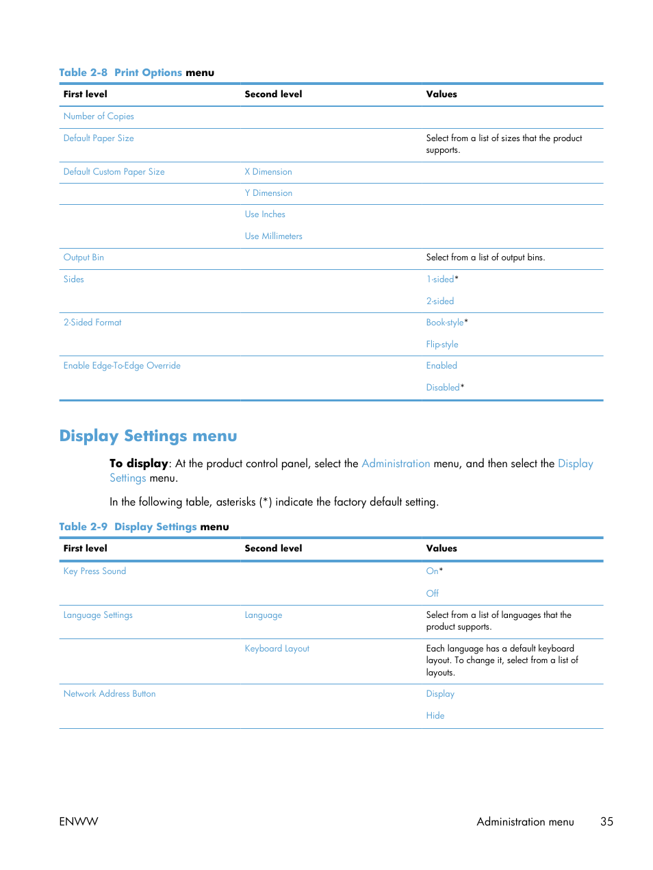 Display settings menu | HP LaserJet Enterprise M4555 MFP series User Manual | Page 55 / 376