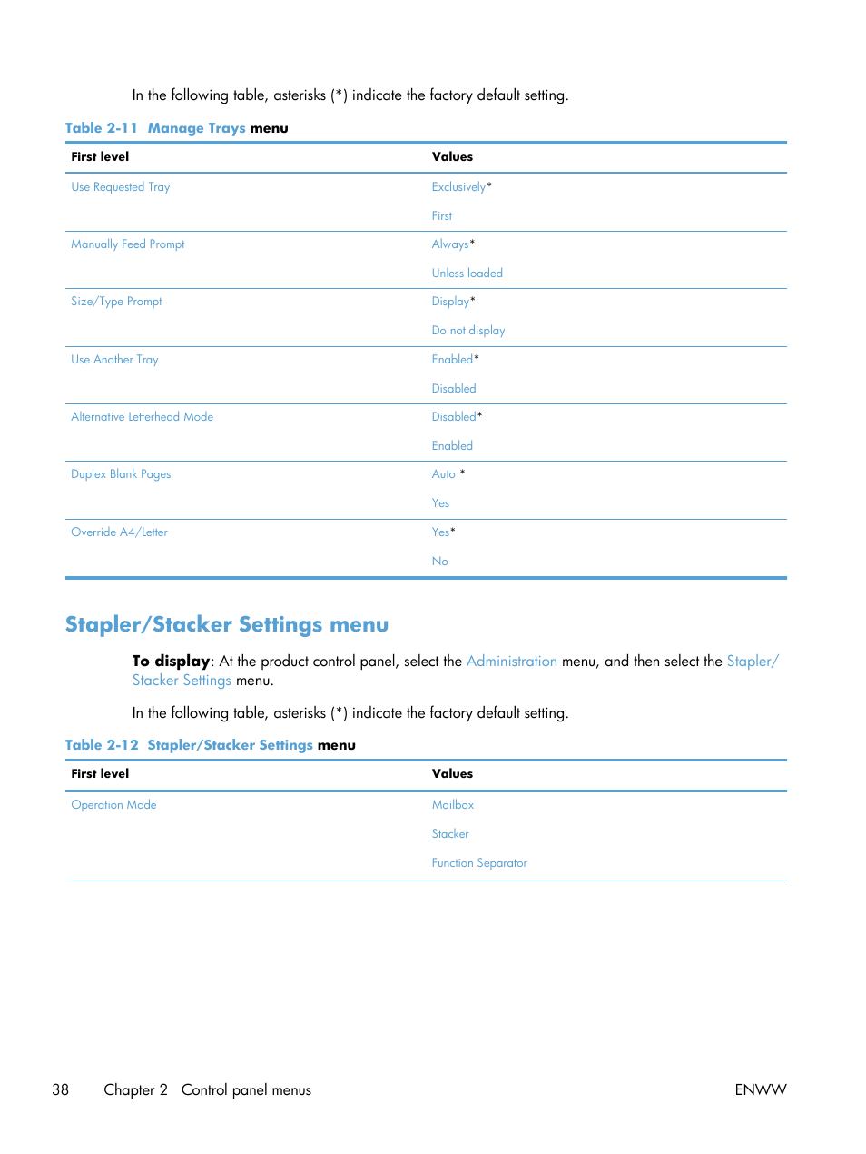 Stapler/stacker settings menu | HP LaserJet Enterprise M4555 MFP series User Manual | Page 58 / 376
