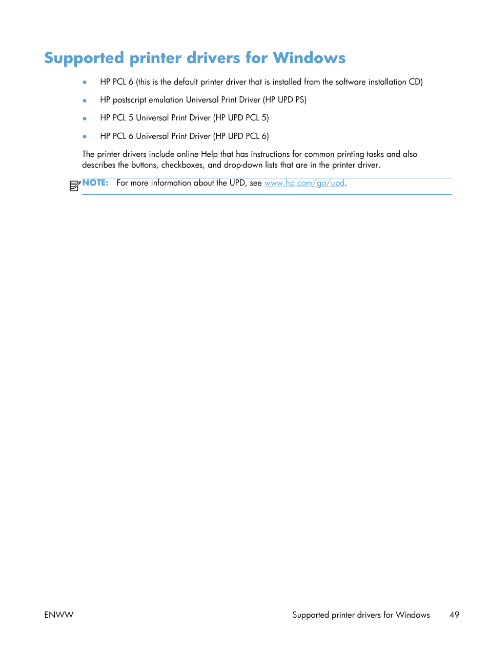 Supported printer drivers for windows | HP LaserJet Enterprise M4555 MFP series User Manual | Page 69 / 376