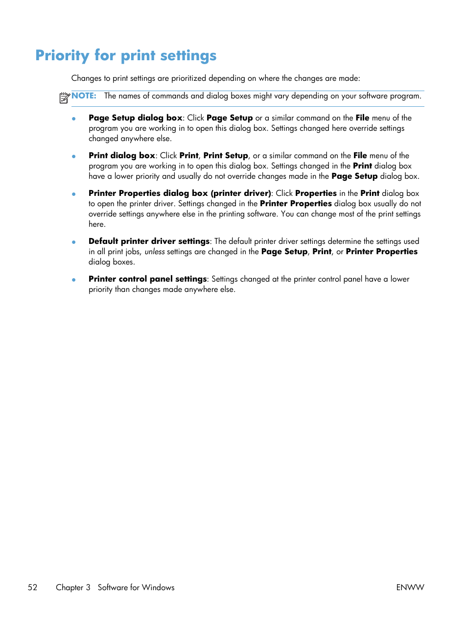 Priority for print settings | HP LaserJet Enterprise M4555 MFP series User Manual | Page 72 / 376