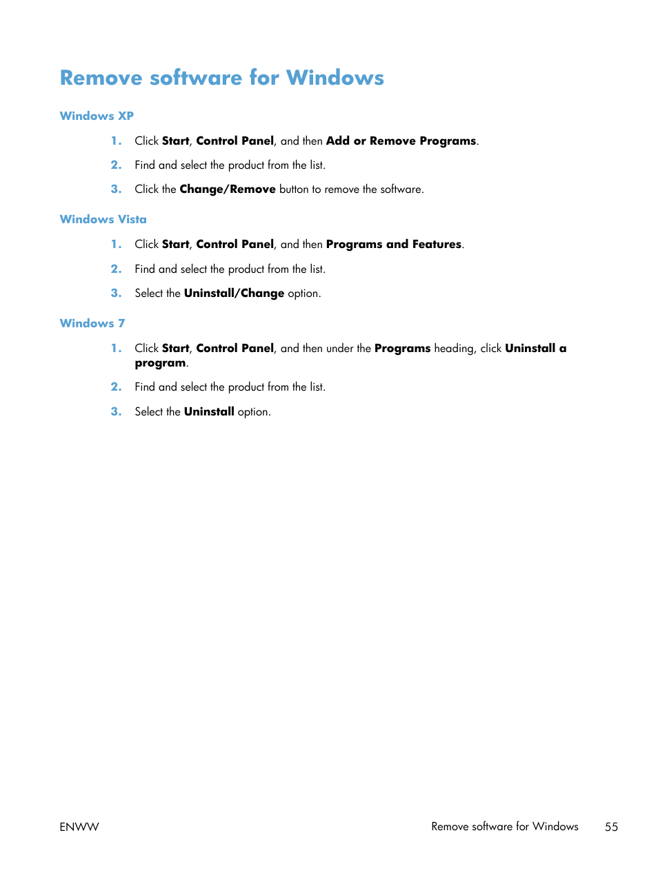 Remove software for windows | HP LaserJet Enterprise M4555 MFP series User Manual | Page 75 / 376