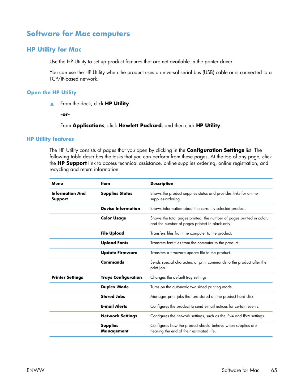 Software for mac computers, Hp utility for mac, Open the hp utility | Hp utility features | HP LaserJet Enterprise M4555 MFP series User Manual | Page 85 / 376