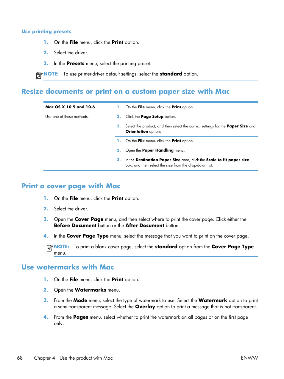 Use watermarks with mac, Print a cover page with mac | HP LaserJet Enterprise M4555 MFP series User Manual | Page 88 / 376