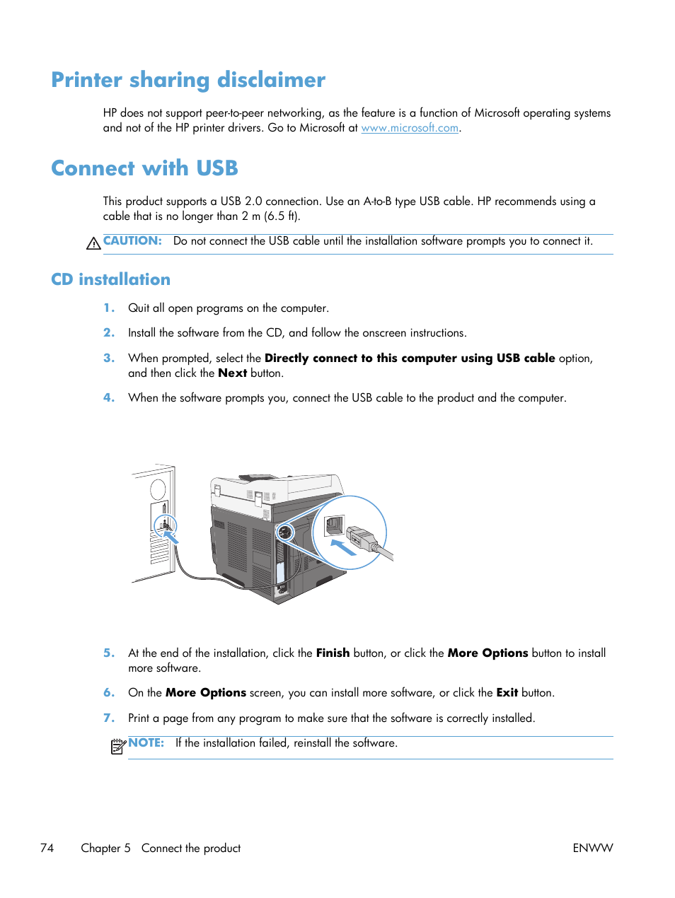 Printer sharing disclaimer, Connect with usb, Cd installation | Printer sharing disclaimer connect with usb | HP LaserJet Enterprise M4555 MFP series User Manual | Page 94 / 376