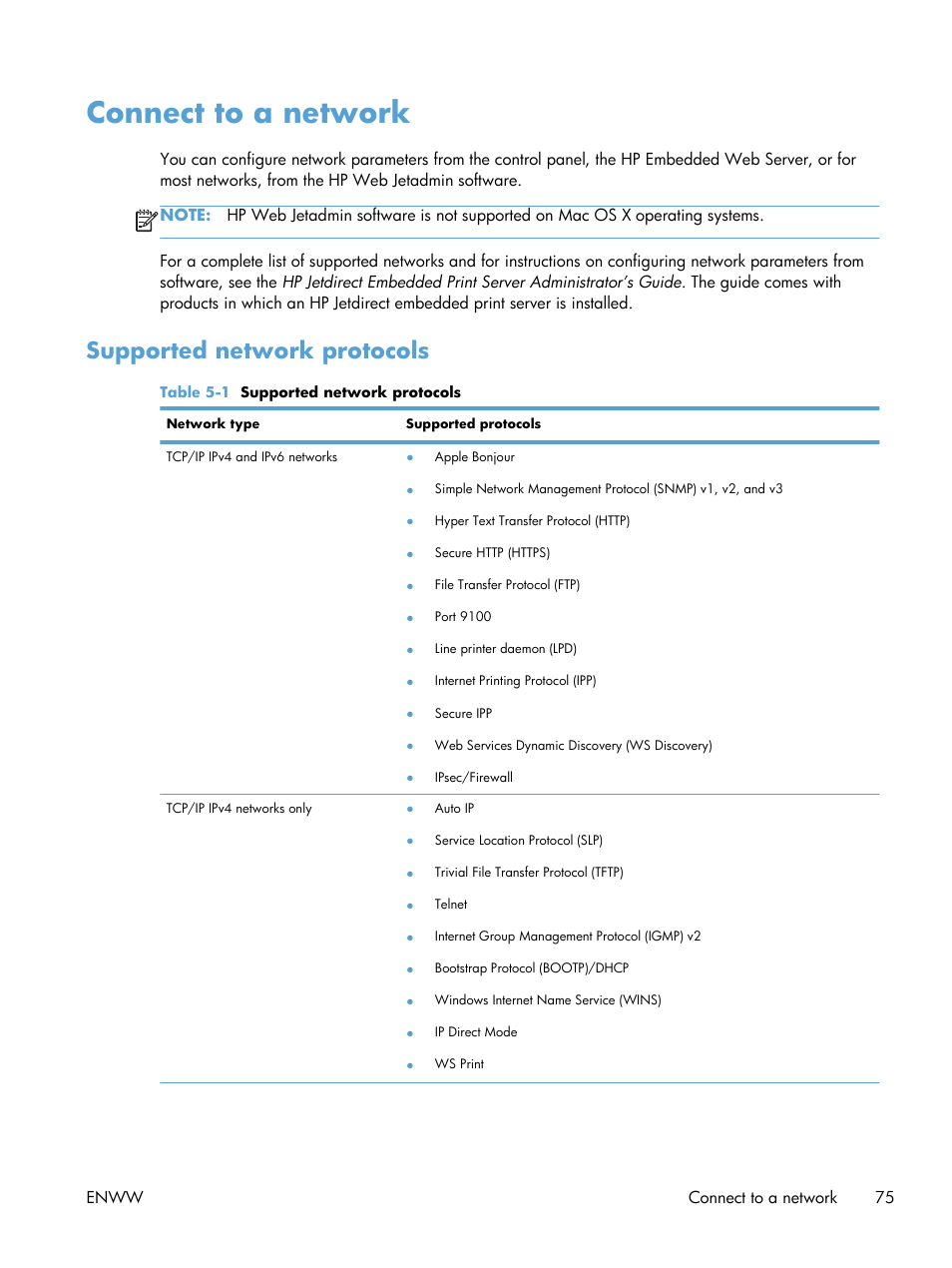 Connect to a network, Supported network protocols | HP LaserJet Enterprise M4555 MFP series User Manual | Page 95 / 376