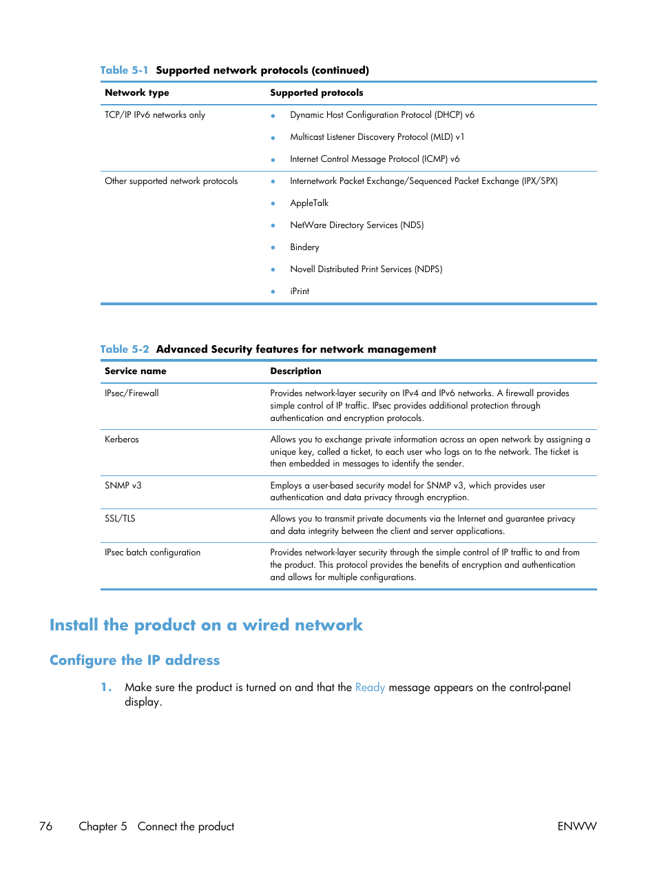 Install the product on a wired network, Configure the ip address | HP LaserJet Enterprise M4555 MFP series User Manual | Page 96 / 376