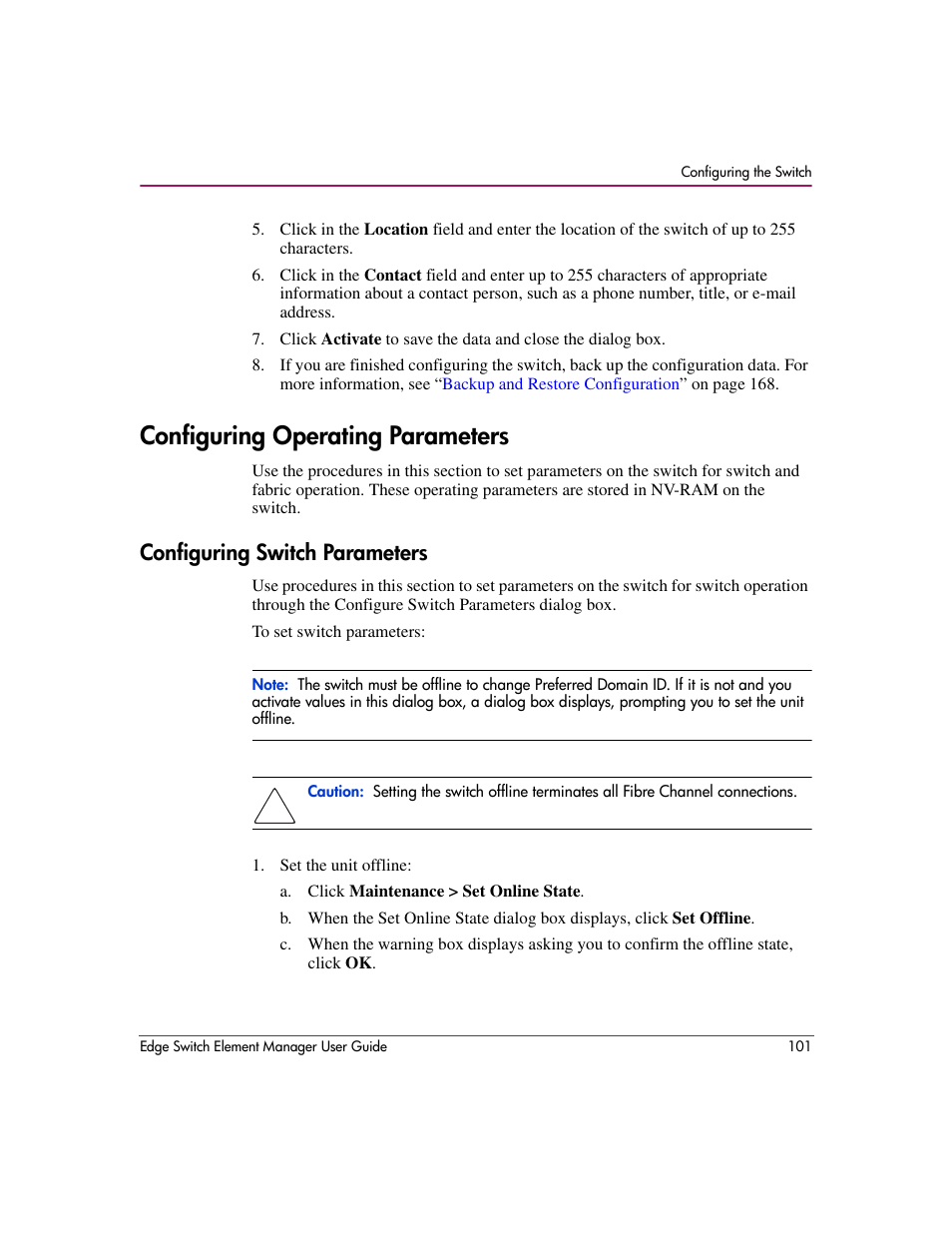 Configuring operating parameters, Configuring switch parameters | HP StorageWorks 2.12 Edge Switch User Manual | Page 101 / 246