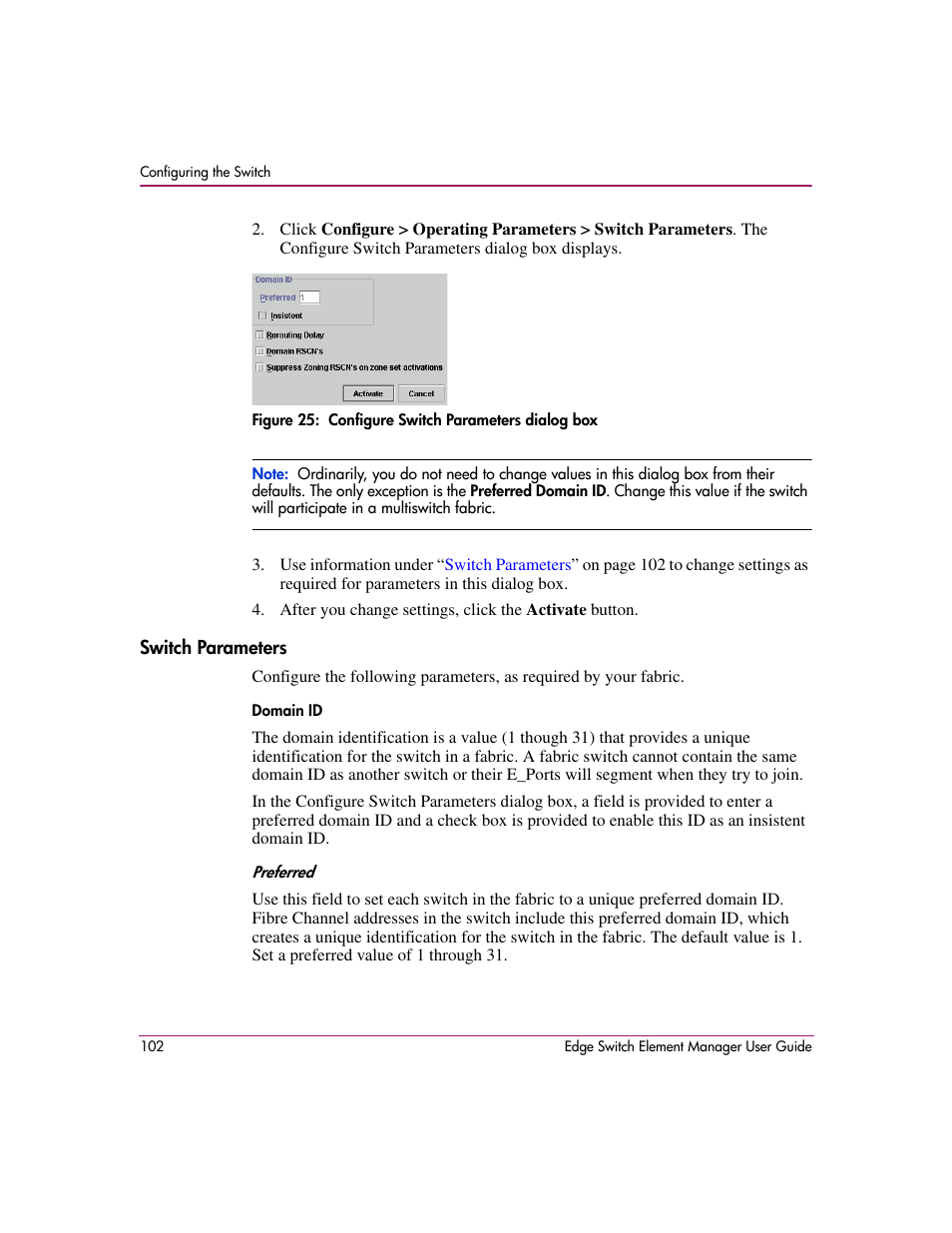 Figure 25: configure switch parameters dialog box, Switch parameters, 25 configure switch parameters dialog box | HP StorageWorks 2.12 Edge Switch User Manual | Page 102 / 246