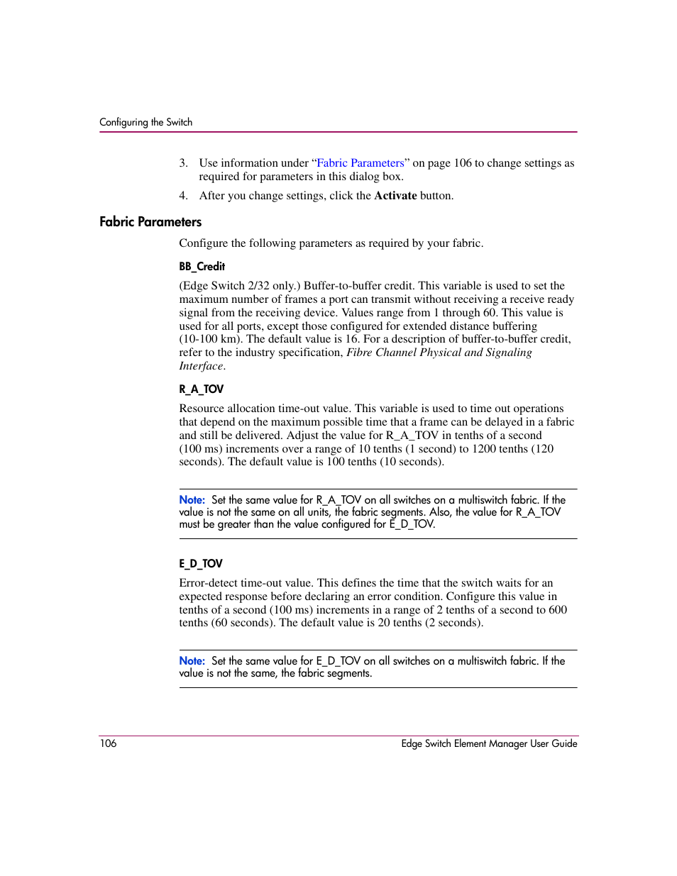 Fabric parameters | HP StorageWorks 2.12 Edge Switch User Manual | Page 106 / 246