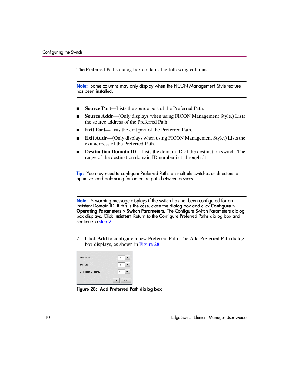 Figure 28: add preferred path dialog box, 28 add preferred path dialog box | HP StorageWorks 2.12 Edge Switch User Manual | Page 110 / 246