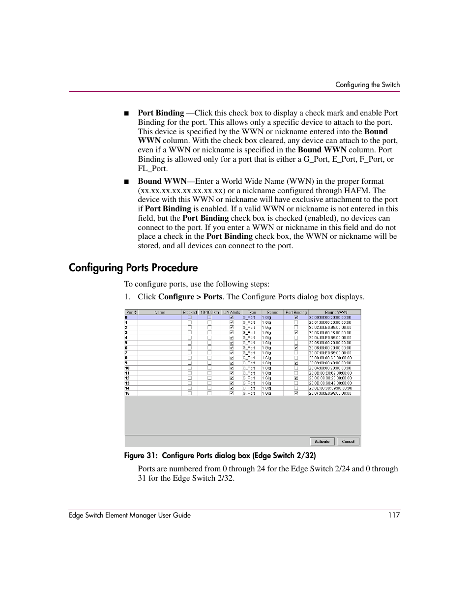 Configuring ports procedure, 31 configure ports dialog box (edge switch 2/32) | HP StorageWorks 2.12 Edge Switch User Manual | Page 117 / 246