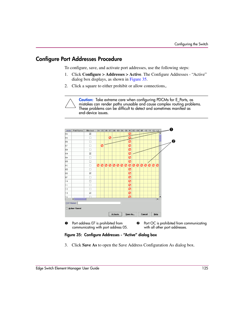 Configure port addresses procedure, 35 configure addresses - “active” dialog box, Figure 35 | HP StorageWorks 2.12 Edge Switch User Manual | Page 125 / 246