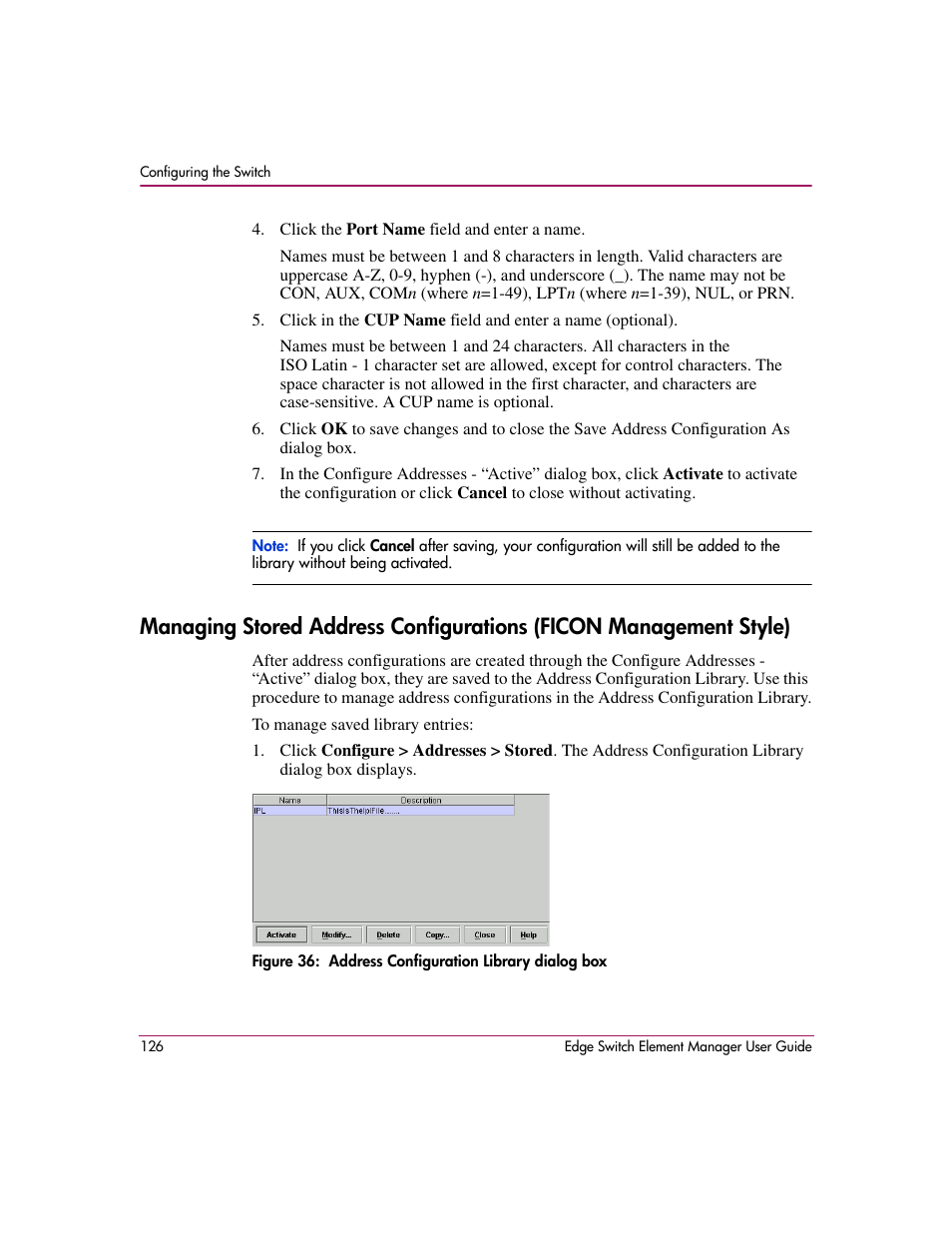 36 address configuration library dialog box, Managing stored address, Configurations (ficon management style) | HP StorageWorks 2.12 Edge Switch User Manual | Page 126 / 246