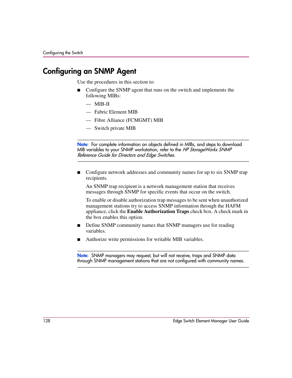 Configuring an snmp agent | HP StorageWorks 2.12 Edge Switch User Manual | Page 128 / 246