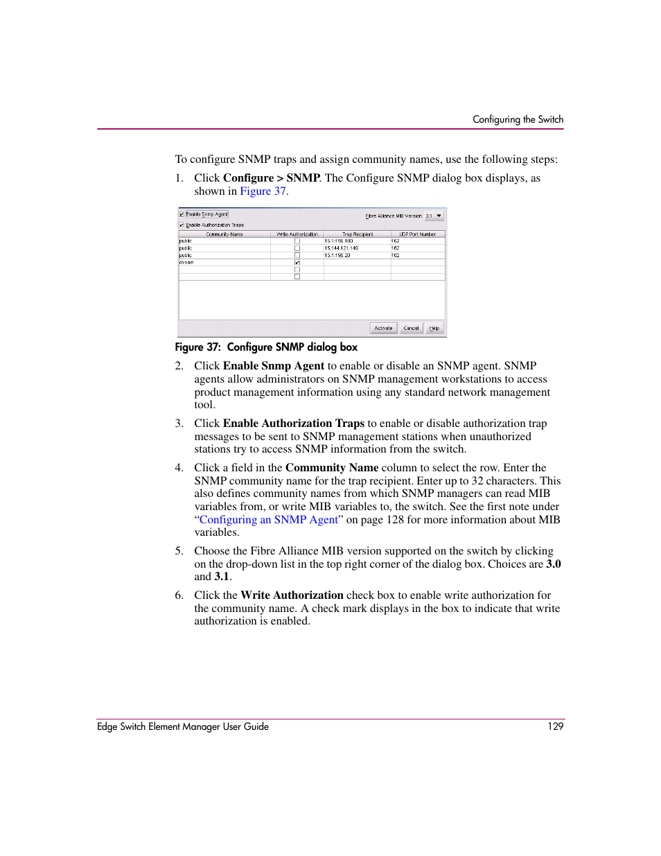 Figure 37: configure snmp dialog box, 37 configure snmp dialog box | HP StorageWorks 2.12 Edge Switch User Manual | Page 129 / 246