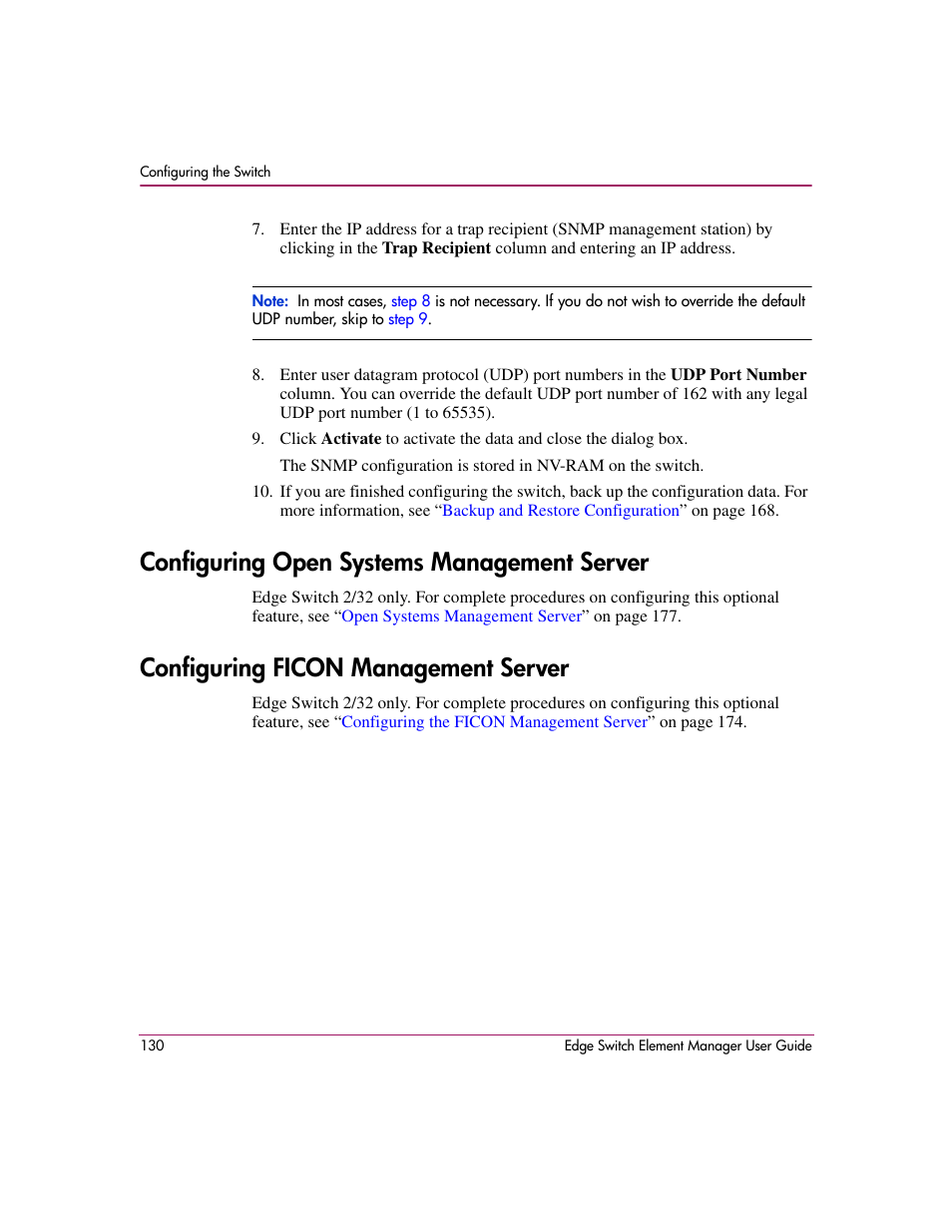 Configuring open systems management server, Configuring ficon management server | HP StorageWorks 2.12 Edge Switch User Manual | Page 130 / 246