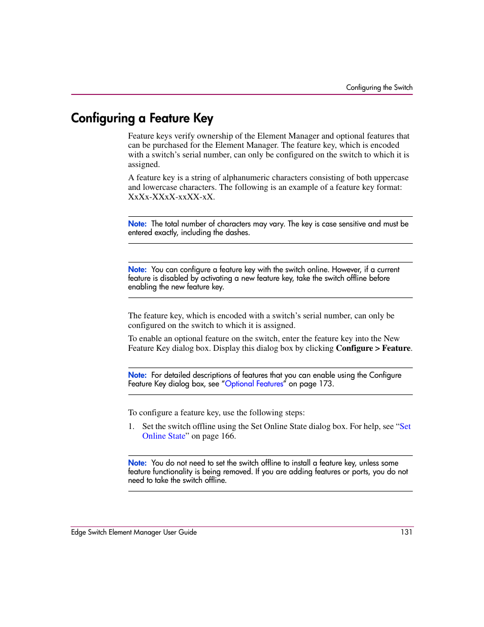 Configuring a feature key, X. (see, Configuring | A feature key, Switch. see | HP StorageWorks 2.12 Edge Switch User Manual | Page 131 / 246
