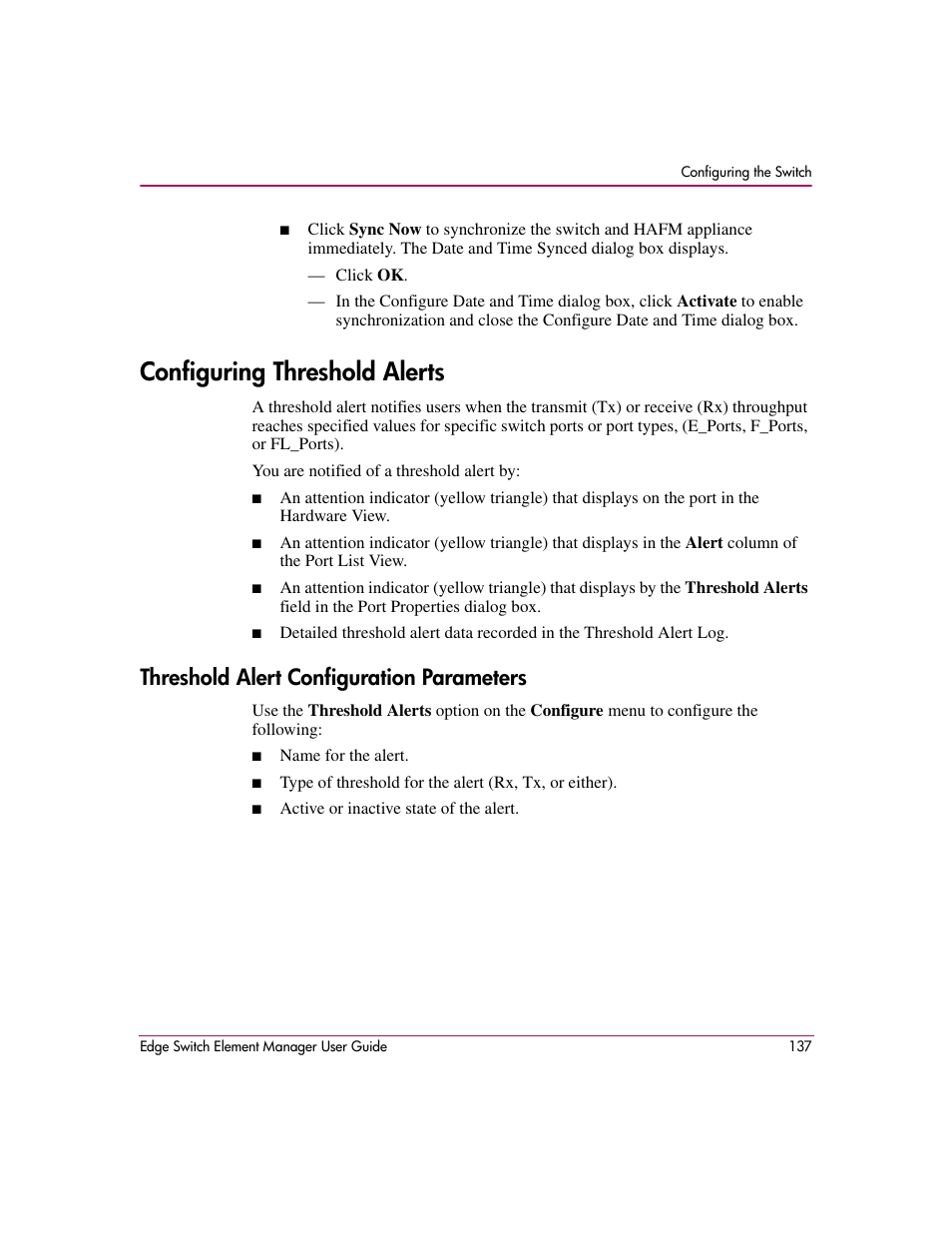 Configuring threshold alerts, Threshold alert configuration parameters, Configuring threshold | Alerts | HP StorageWorks 2.12 Edge Switch User Manual | Page 137 / 246