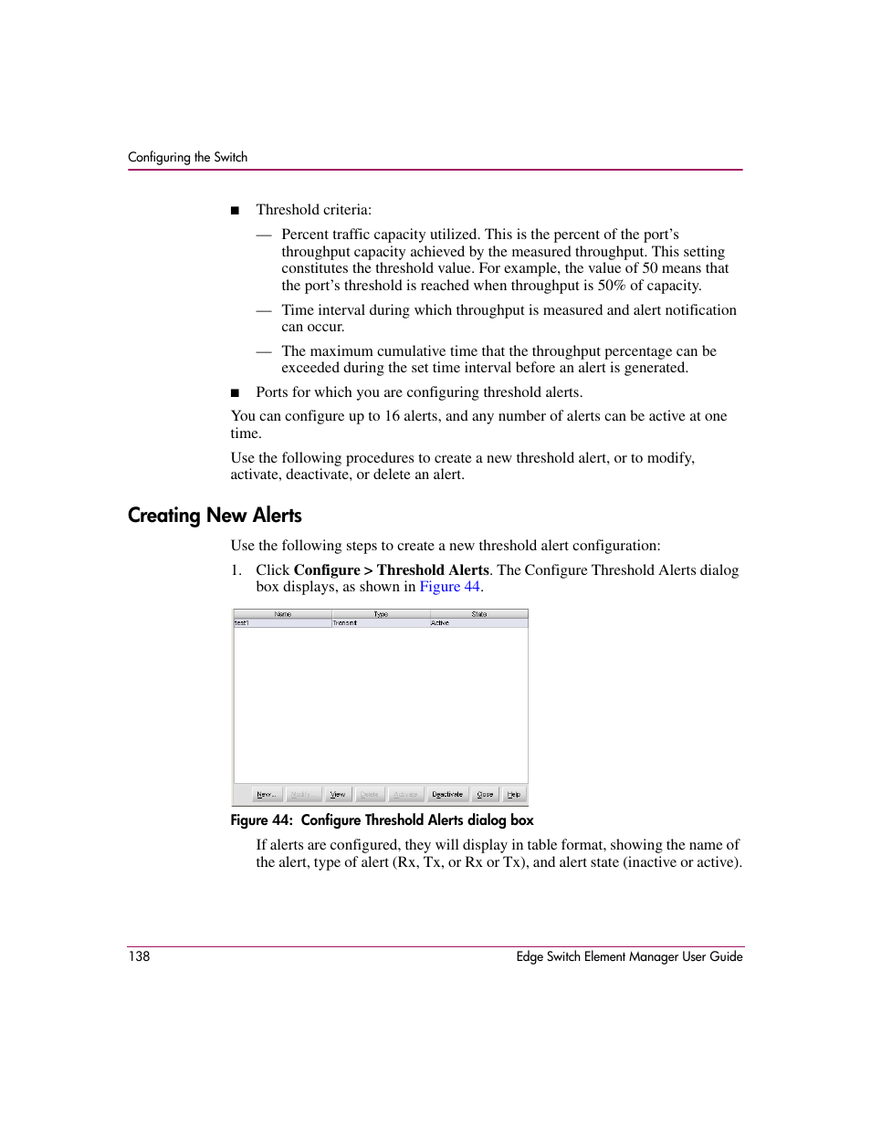 Creating new alerts, Figure 44: configure threshold alerts dialog box, 44 configure threshold alerts dialog box | HP StorageWorks 2.12 Edge Switch User Manual | Page 138 / 246