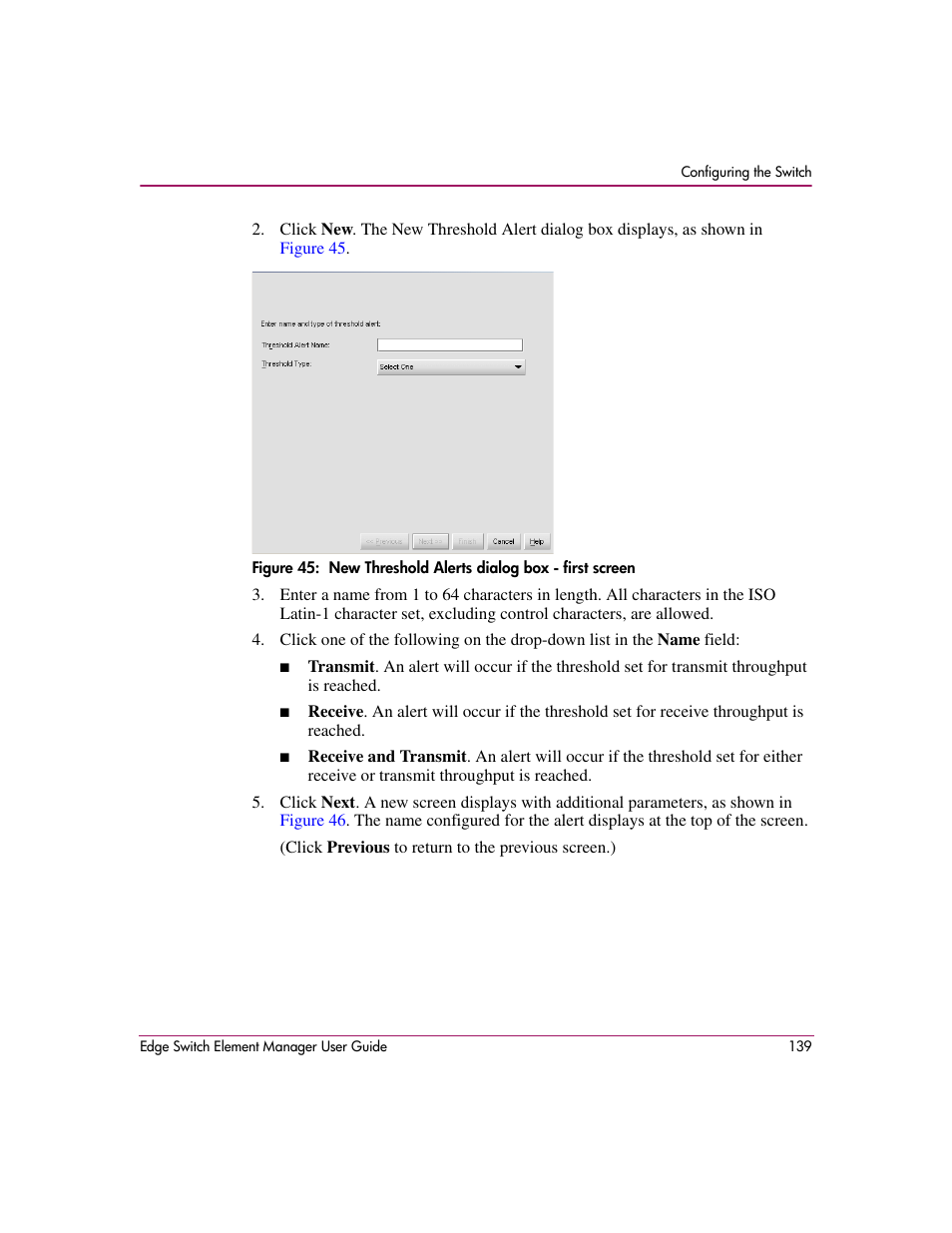 45 new threshold alerts dialog box - first screen | HP StorageWorks 2.12 Edge Switch User Manual | Page 139 / 246