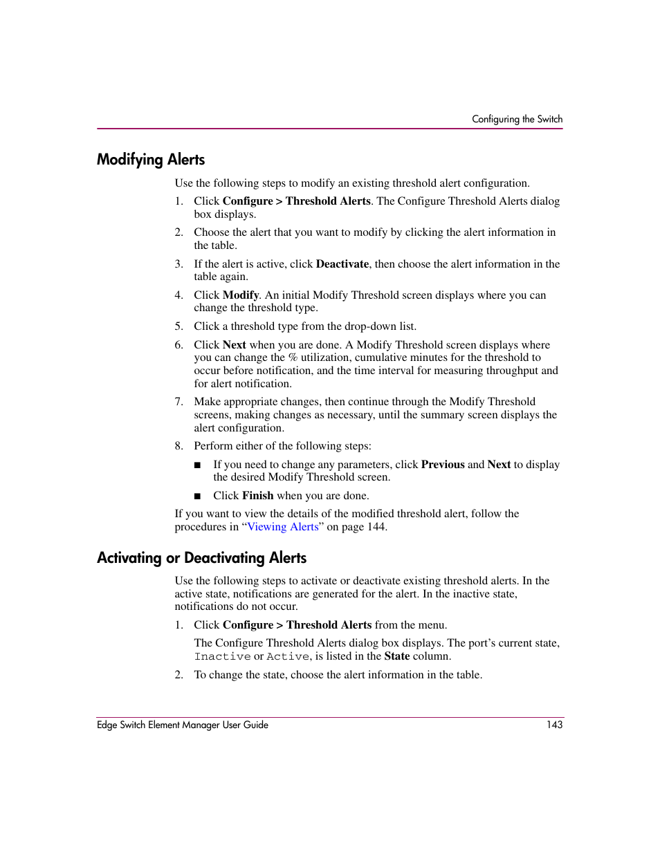 Modifying alerts, Activating or deactivating alerts, Modifying alerts activating or deactivating alerts | HP StorageWorks 2.12 Edge Switch User Manual | Page 143 / 246