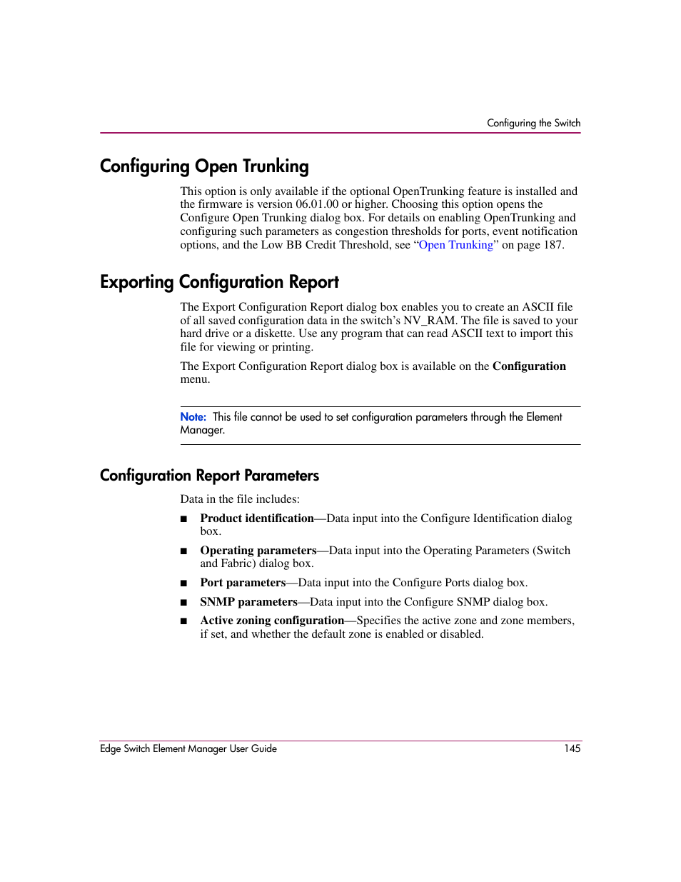 Configuring open trunking, Exporting configuration report, Configuration report parameters | HP StorageWorks 2.12 Edge Switch User Manual | Page 145 / 246