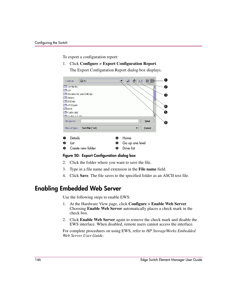 Figure 50: export configuration dialog box, Enabling embedded web server, 50 export configuration dialog box | HP StorageWorks 2.12 Edge Switch User Manual | Page 146 / 246