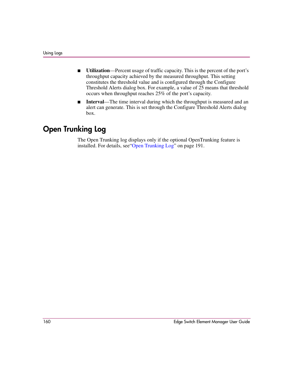 Open trunking log | HP StorageWorks 2.12 Edge Switch User Manual | Page 160 / 246