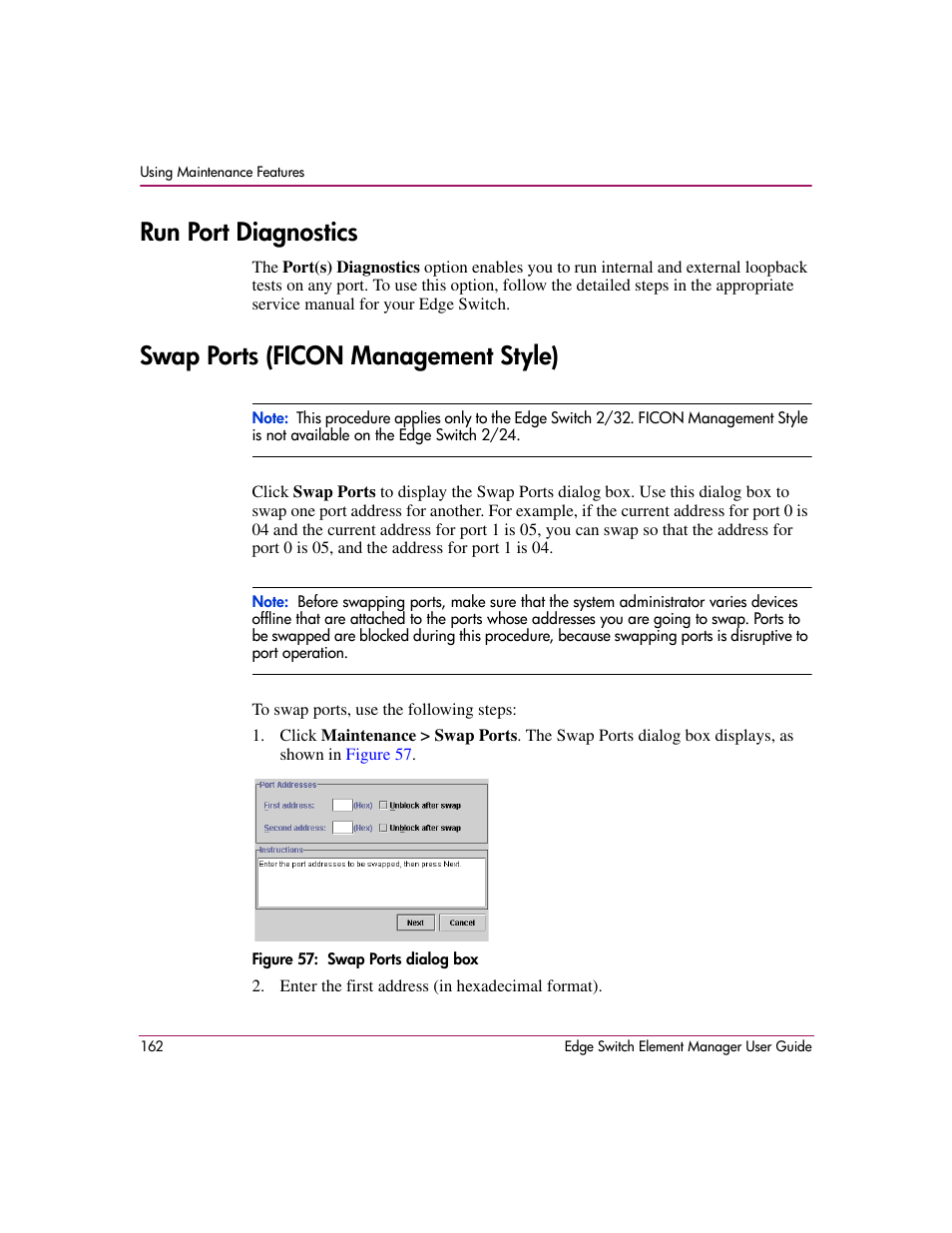 Run port diagnostics, Swap ports (ficon management style), Figure 57: swap ports dialog box | 57 swap ports dialog box | HP StorageWorks 2.12 Edge Switch User Manual | Page 162 / 246